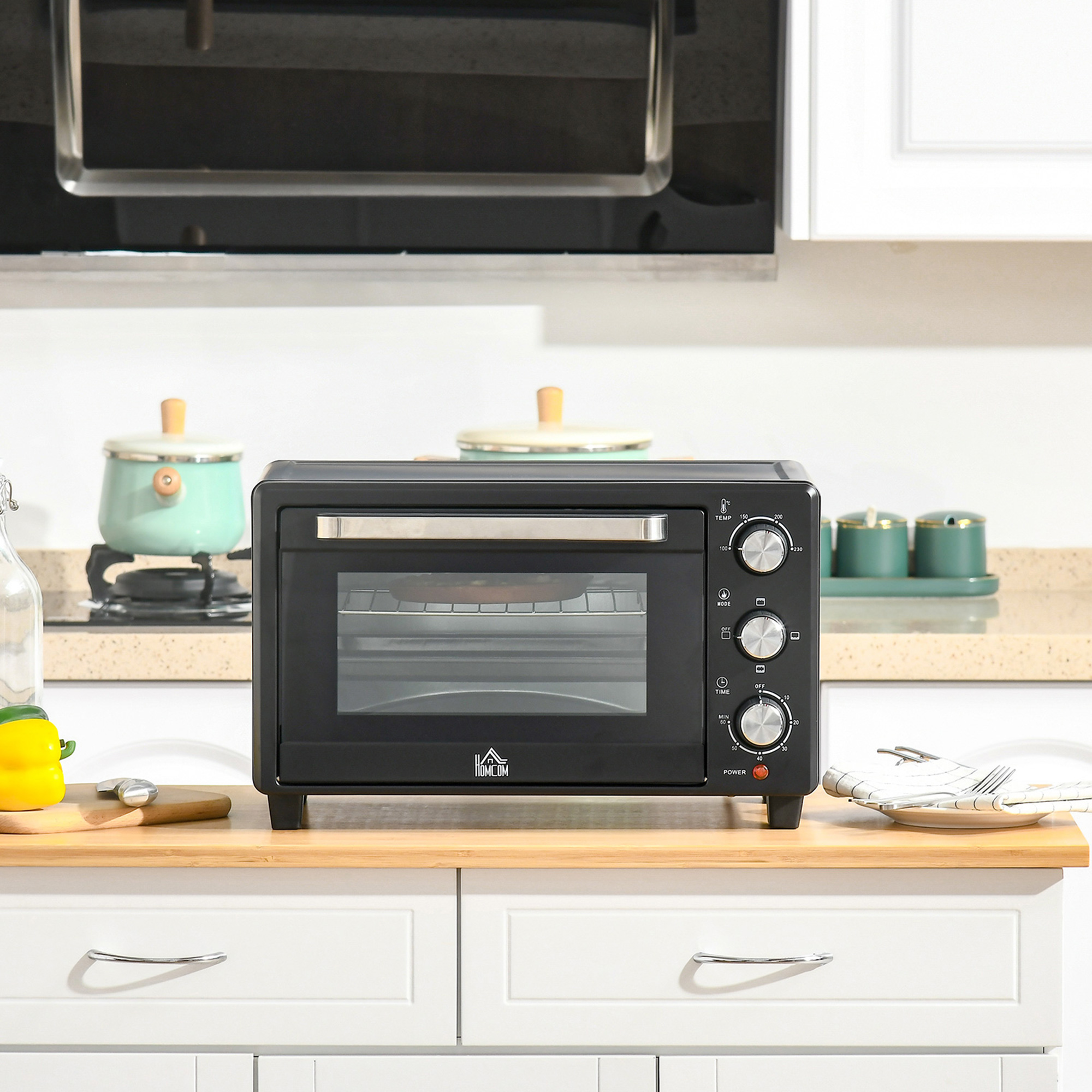 Minibackofen, 21 L Toasterofen mit 1 Drahtgestell und 1 Backblech, 3 Kochmodi, 100 °C-230 °C, Edelstahl, Glas, Schwarz