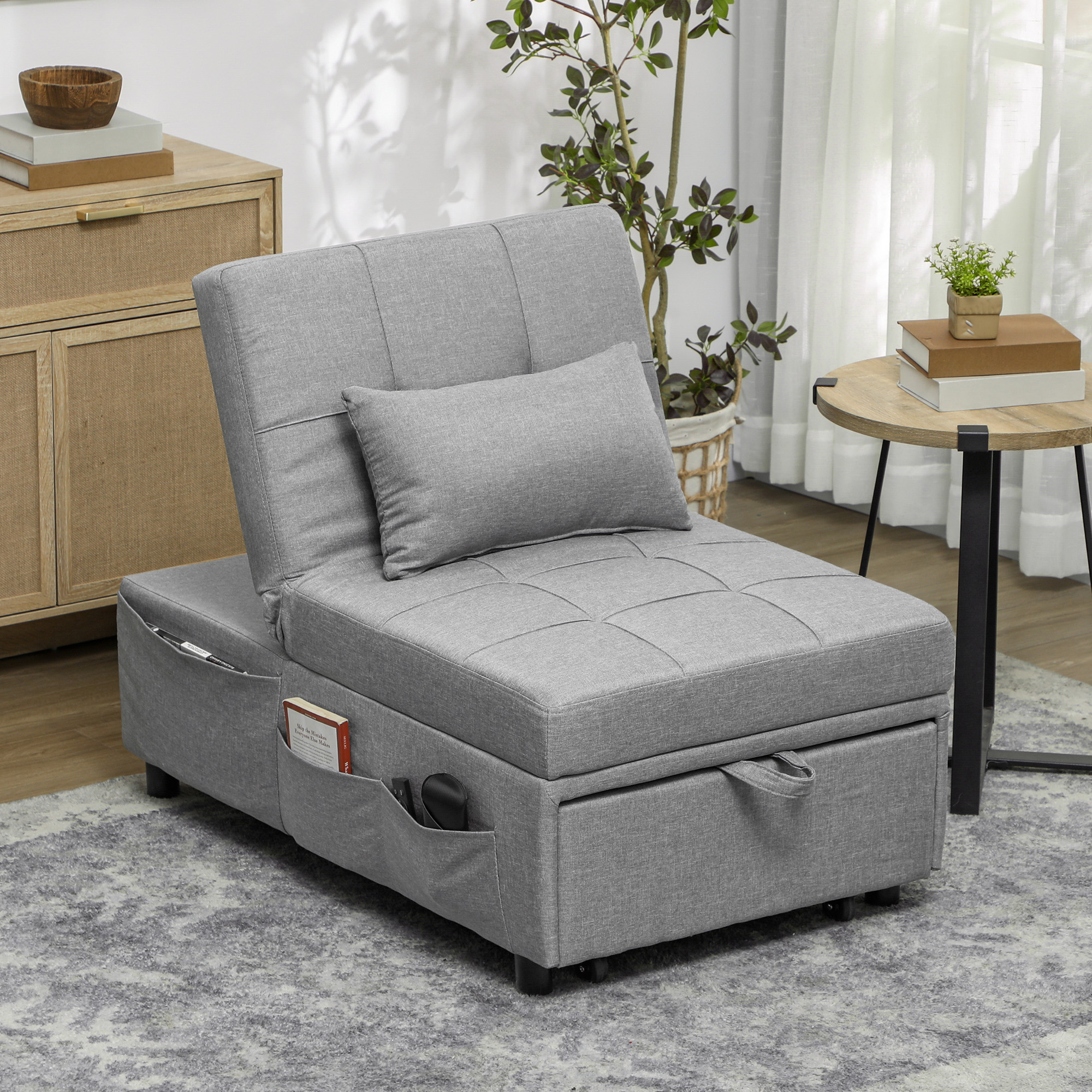 3-in-1 Klappsessel mit Seitentasche, Gästebett mit Kissen, Verstellbarer Rückenlehne, Bettsessel mit Rollen, Hellgrau