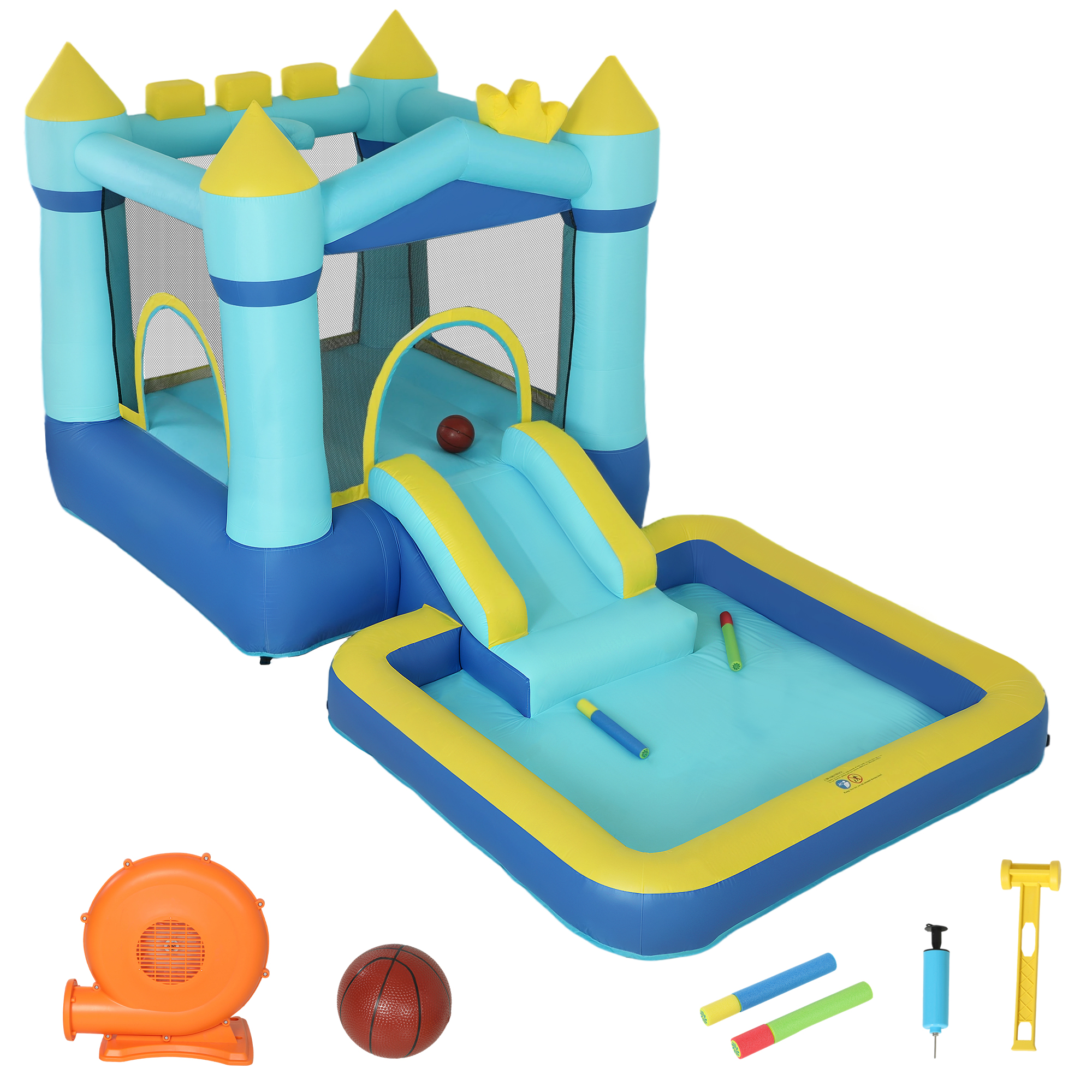 Hüpfburg Aufblasbar Spielcenter mit Gebläse Rutsche Trampolin Planschbecken/Bällebad Wasserpistole 364x173x182 cm Blau