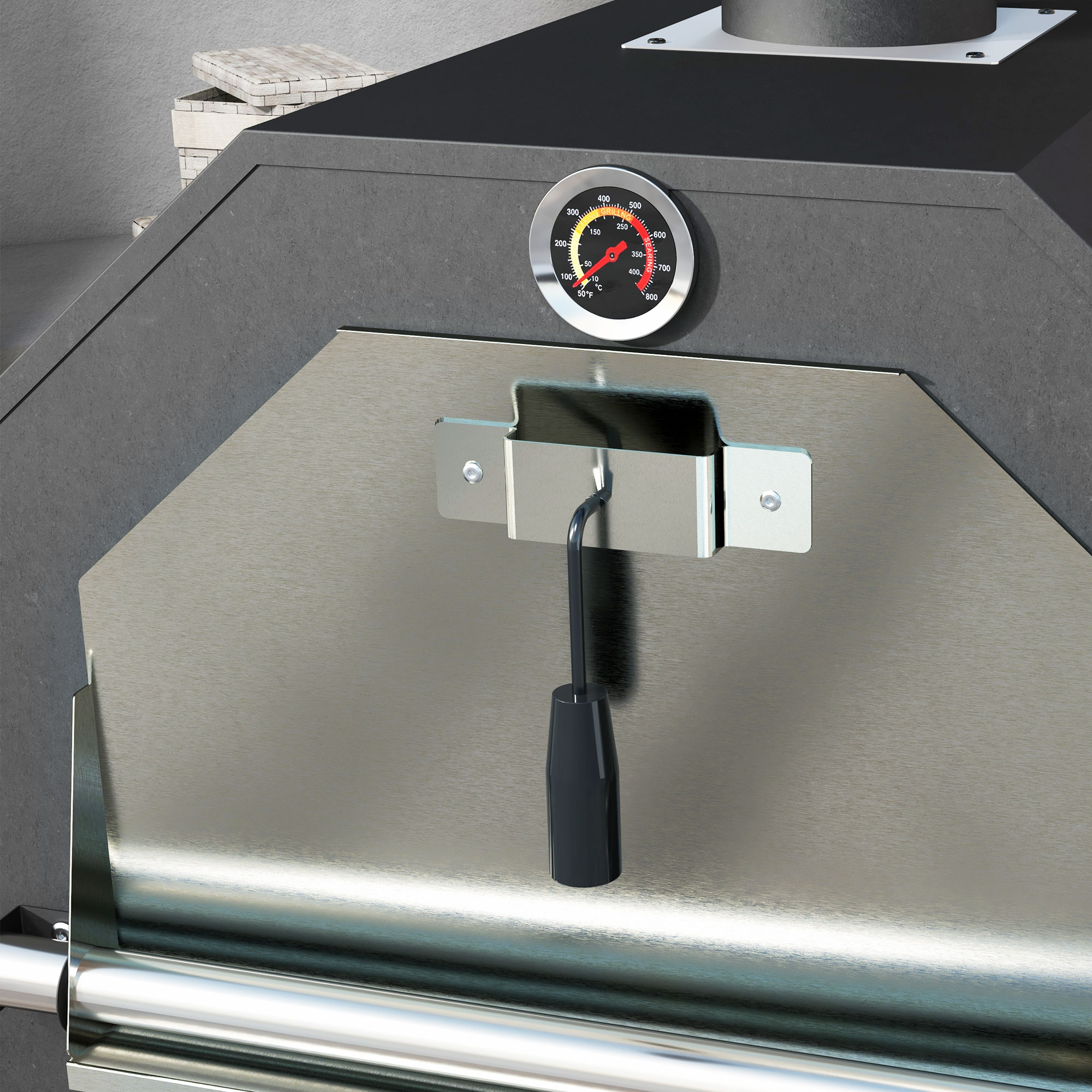 2-in-1 Outdoor Pizzaofen, mit Pizzastein, Aschefach, 2x Grillrost, Thermometer, rostfrei, Schwarz