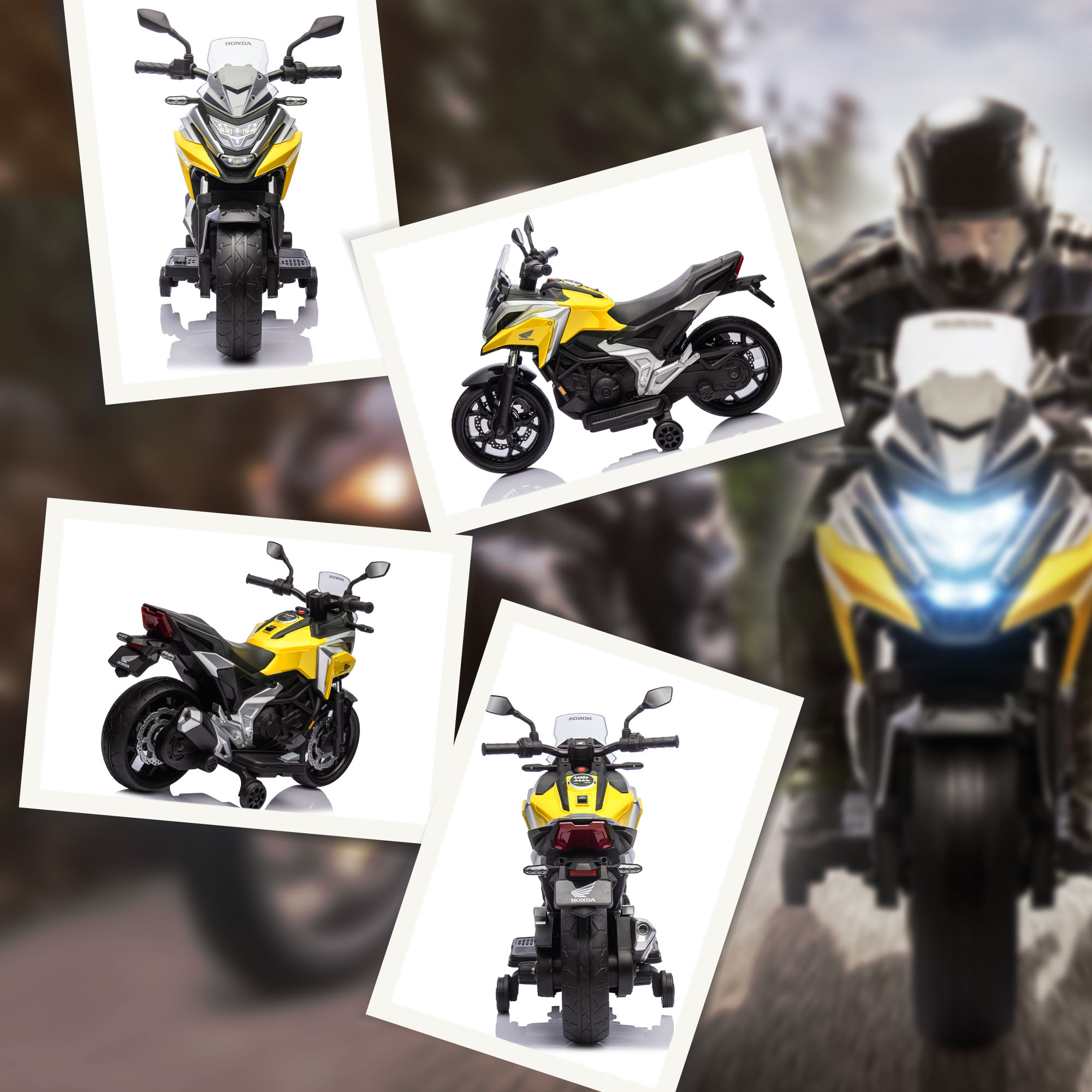 Elektro-Kindermotorrad, Honda, 3 km/h, Musik & Licht, 3-6 Jahre, bis 30 kg, Gelb