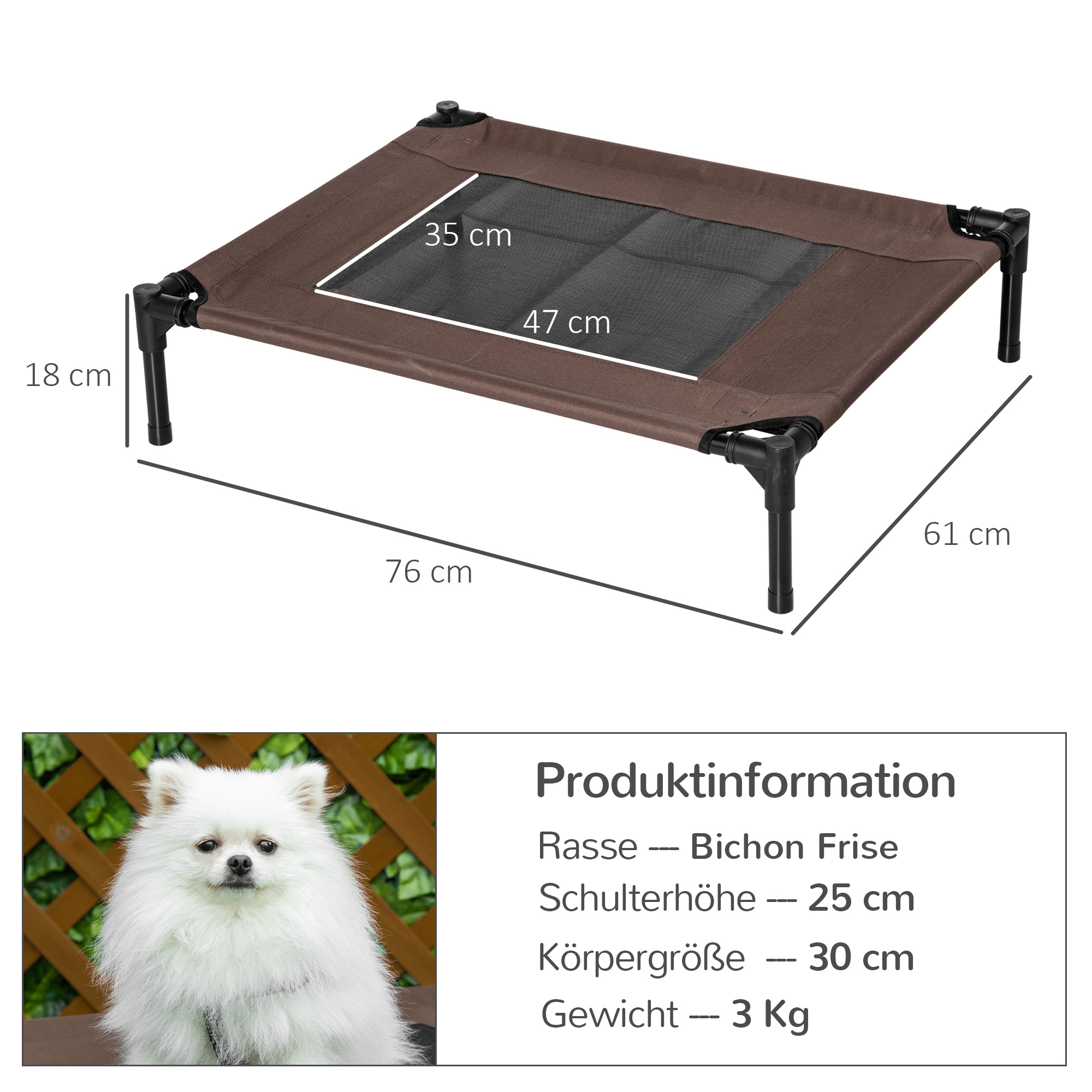 Hundeliege Outdoor, erhöhtes Hundebett für Mittelgroße Groß Hunde, stabile Haustierliege mit Waschbares Mesh, Katzenbett Haustierbett Schlafplatz für Draußen Camping, 76 x 61 x 18 cm, Braun