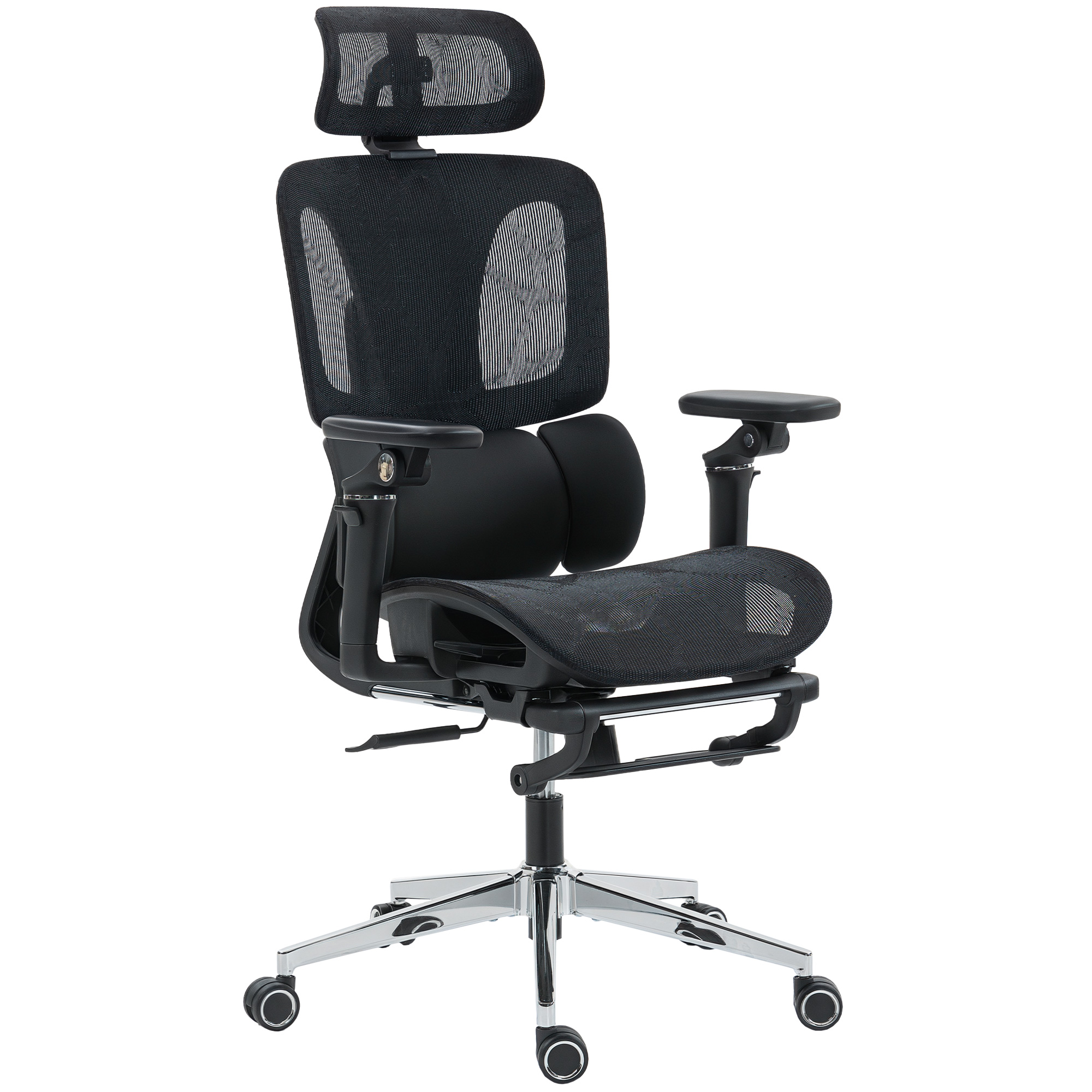 Bürostuhl Ergonomisch Schreibtischstuhl mit verstellbar Lenden- und Kopfstütze 6D-Klapparmlehnen Fußstütze Netz Schwarz