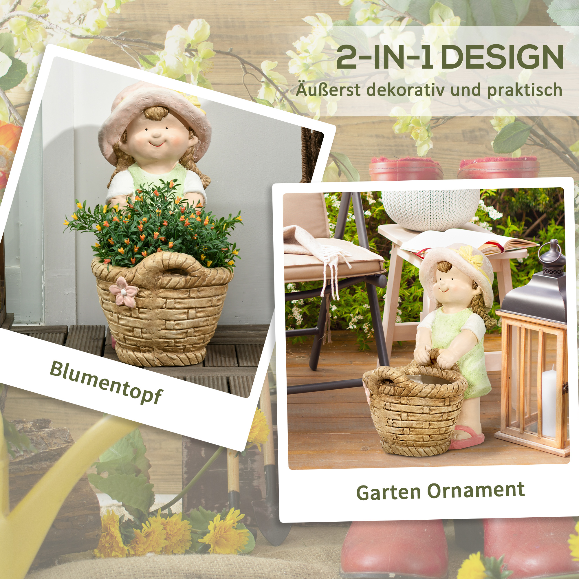 Gartenfigur "Mädchen mit Blumenkorb", Gartendekoration, wetterbeständig, 20 cm x 30 cm x 40 cm