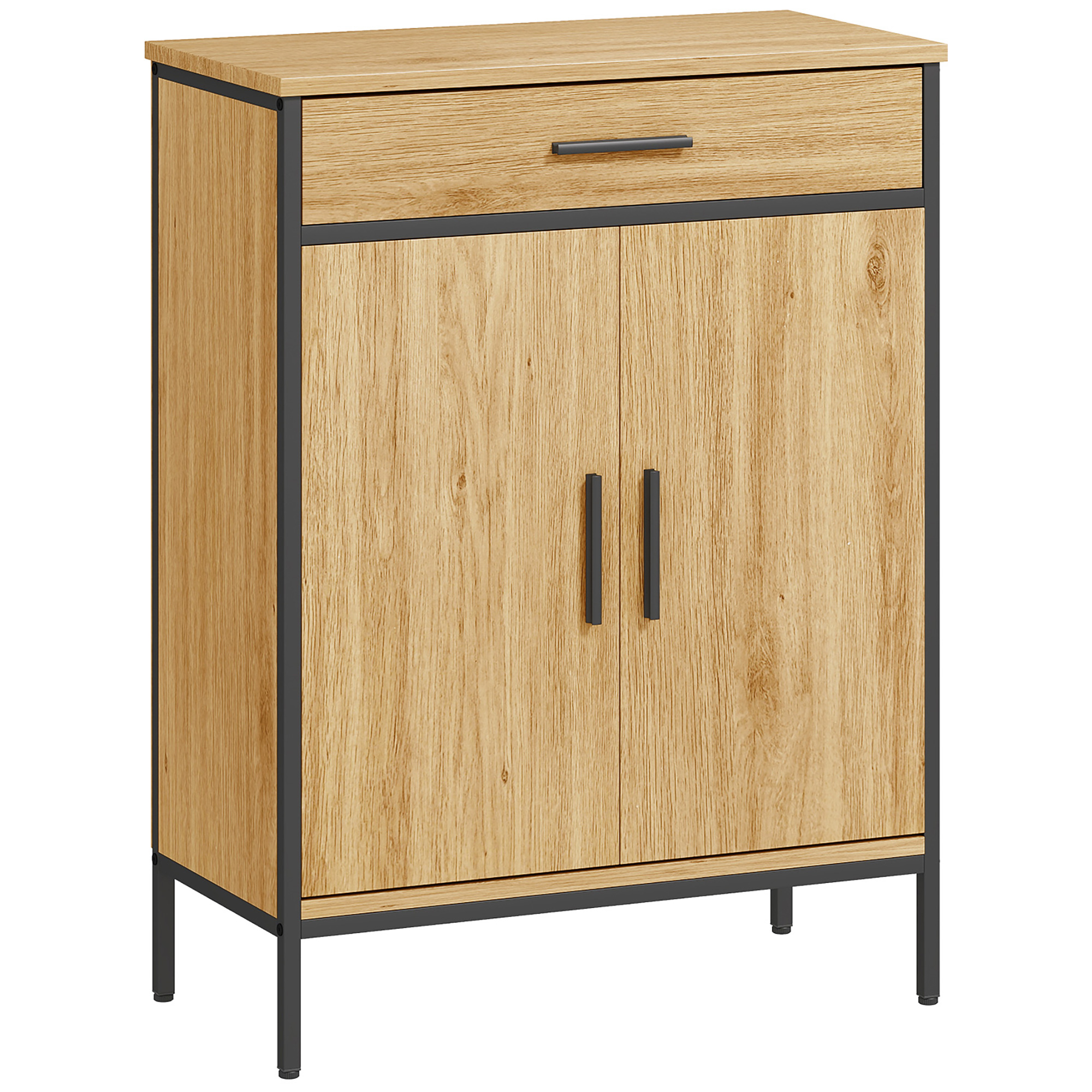 Badezimmerschrank, zweistufige Regale, große Schublade, Industriestil, Eichenoptik