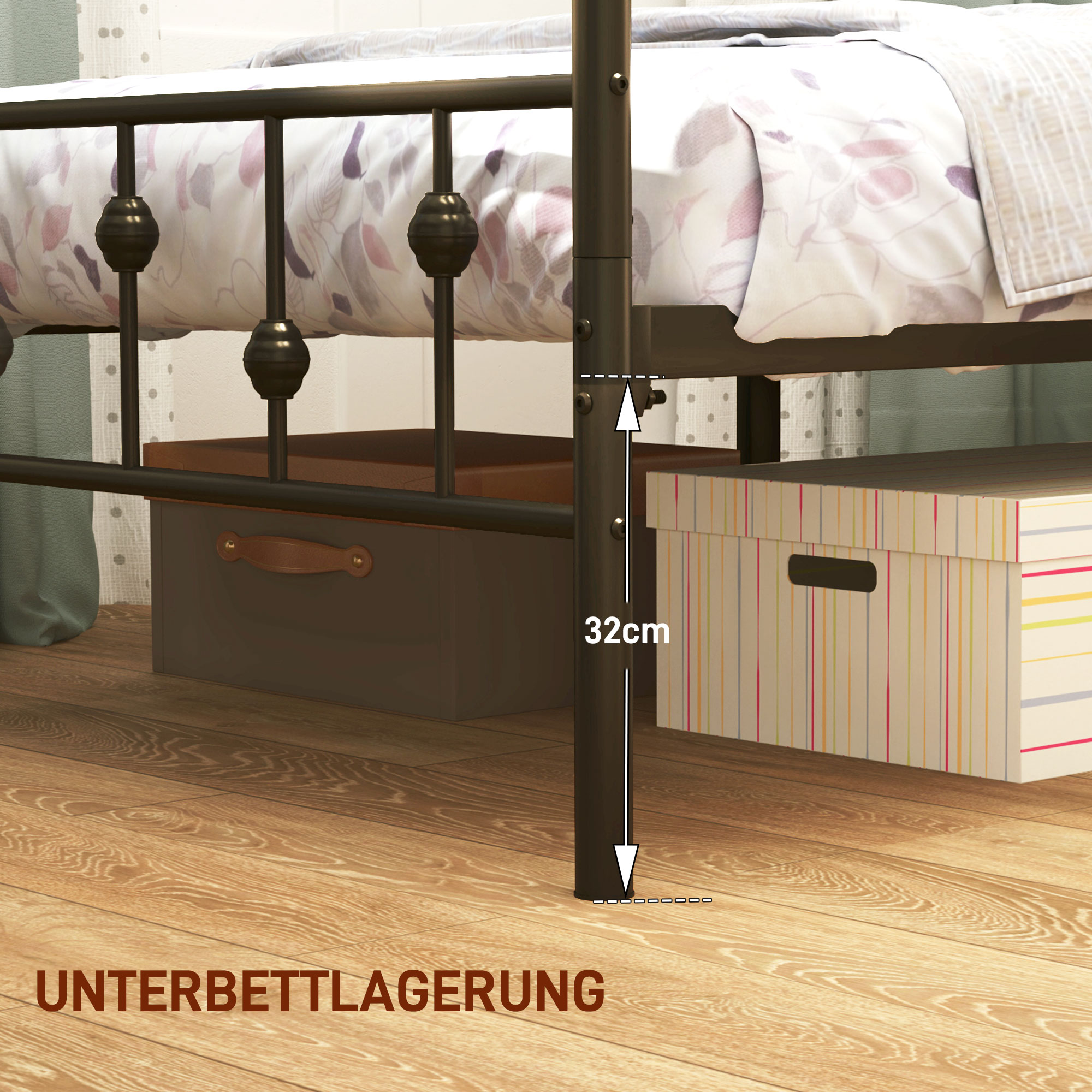 Einzelbettgestell aus Metall, Leichte Montage, mit geräuschreduzierenden Gummikits, Schwarz