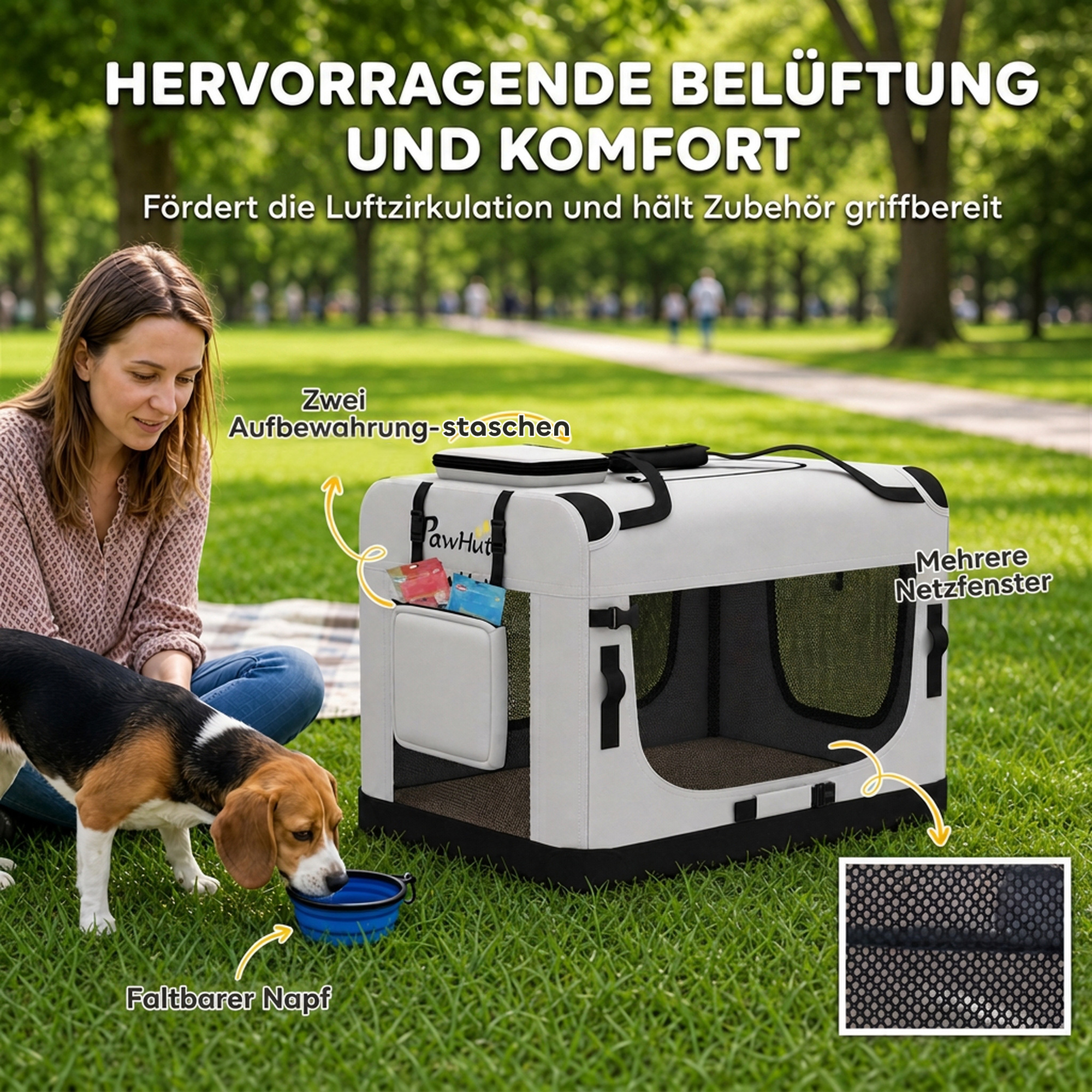 Transporttasche für Haustiere, weichw. Hundetragetasche mit Sicherheitsleine, Kissen und Napf, hellgrau