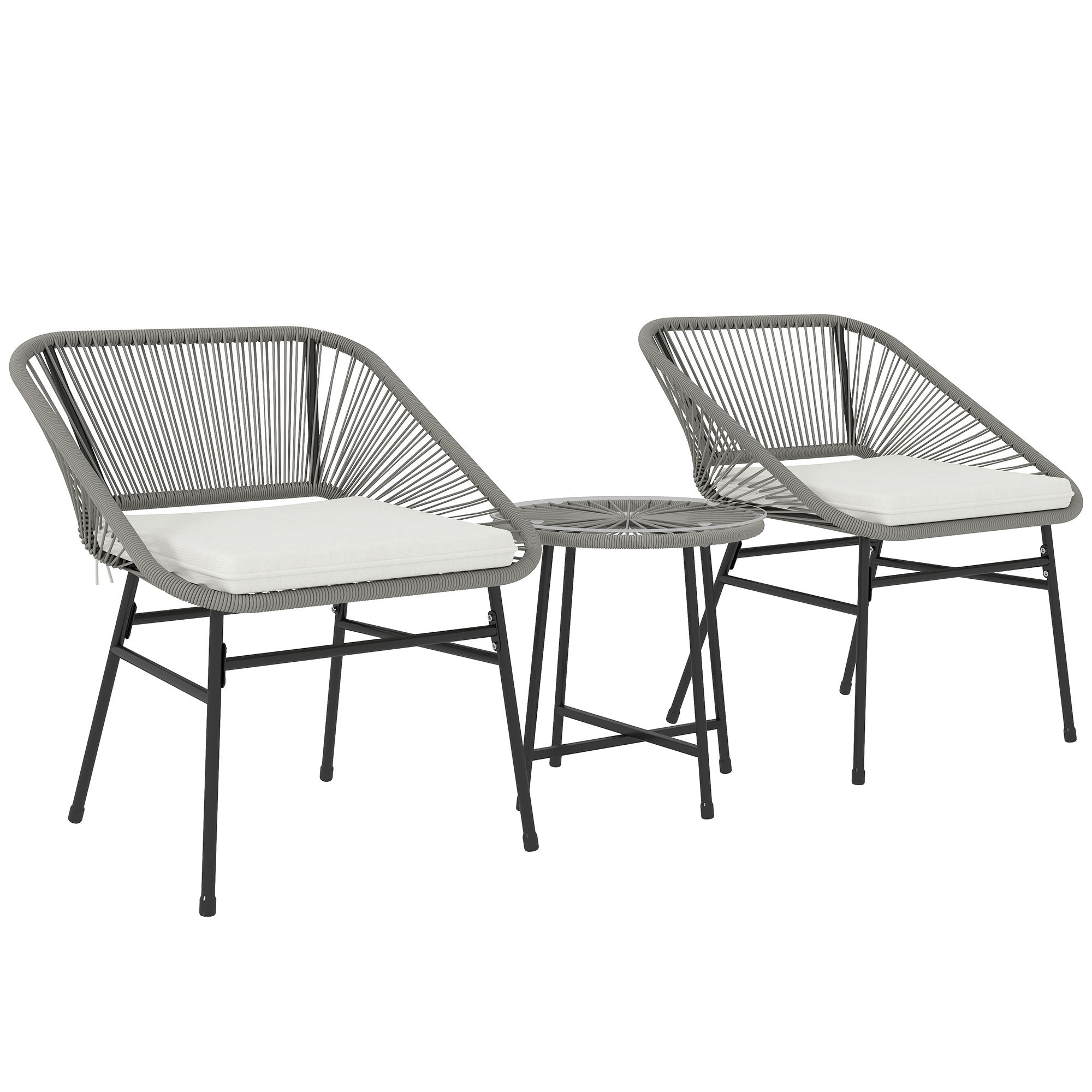 3-teiliges Outdoor-Möbelset, 1 Tisch, 2 Stühle, Rattan-Geflecht, Stahlrahmen, Kaffeetisch mit Glasplatte, Dunkelgrau