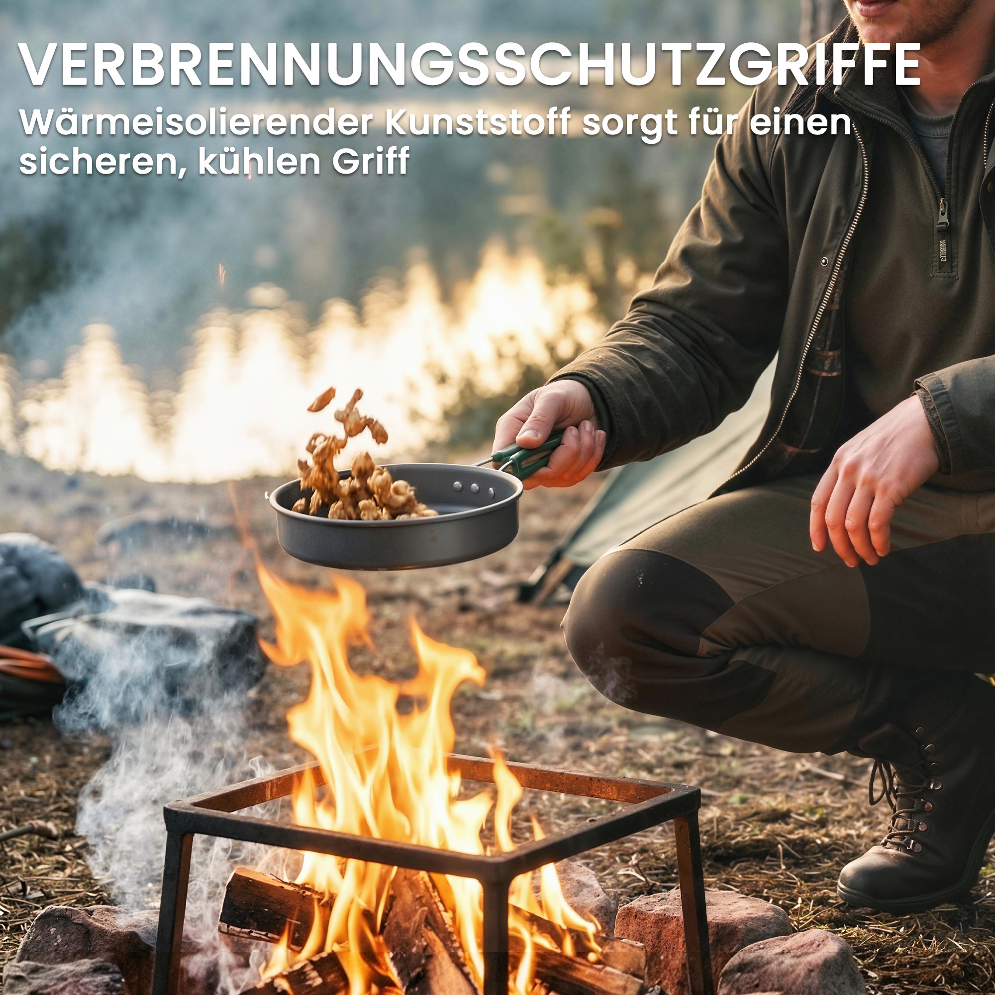 Camping Kochgeschirr Set 8-teiliges Outdoor Geschirr Set mit Anti-Verbrühungsgriffen schnell erhitzend Topf Pfanne Grau