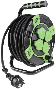 Kunststoff-Kabeltrommel, 25m Kabel, IP44, H05RR-F 3G1,5mm², schwarze Gummileitung Kunststoff-Kabeltrommel, 25m Kabel, IP44, H05RR-F 3G1,5mm², schwarze Gummileitung