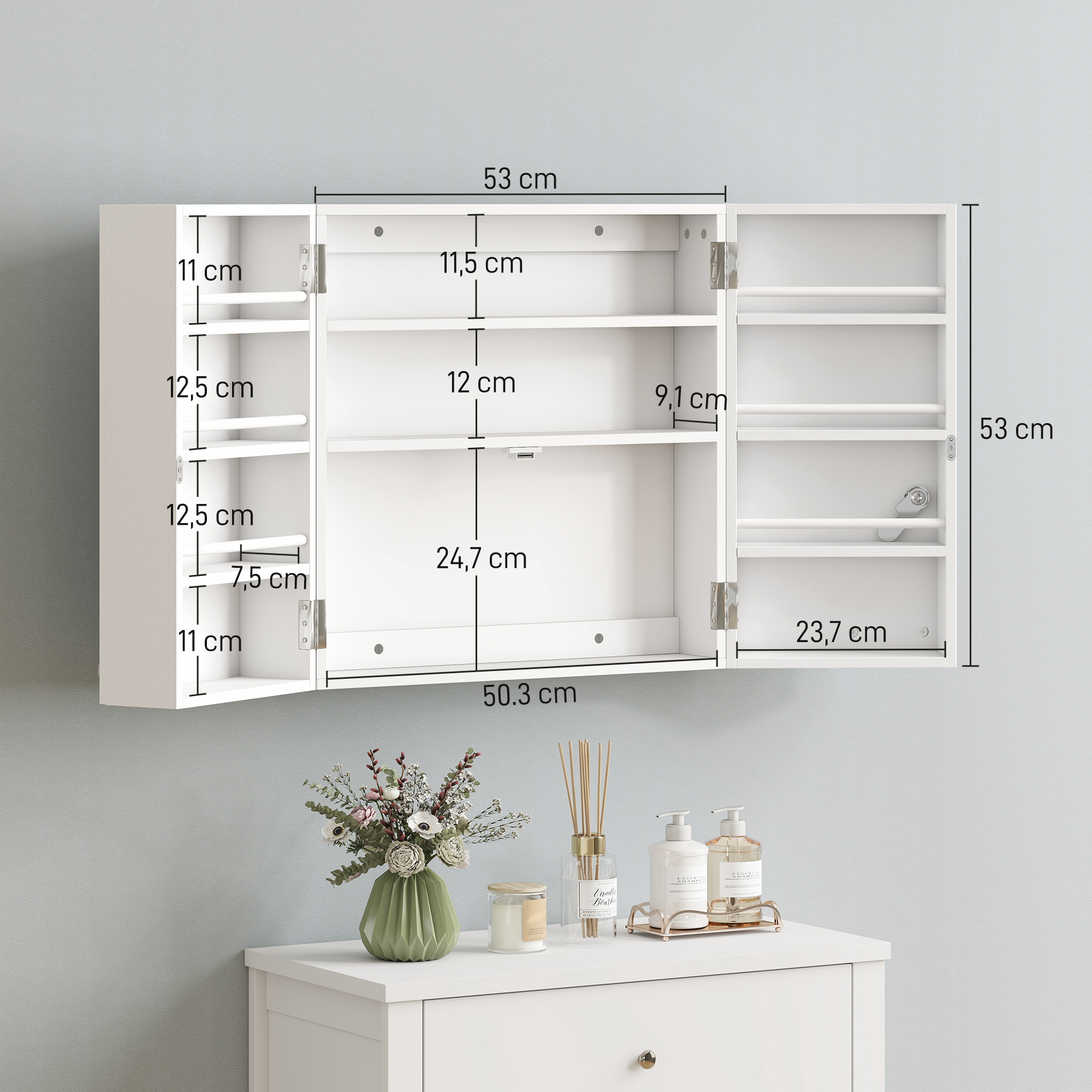 Medizinschrank abschließbar 2-türig Hängend Medikamentenschrank mit 11 Fächer 2 Schlüssel, 53 x 20 x 53 cm, Weiß