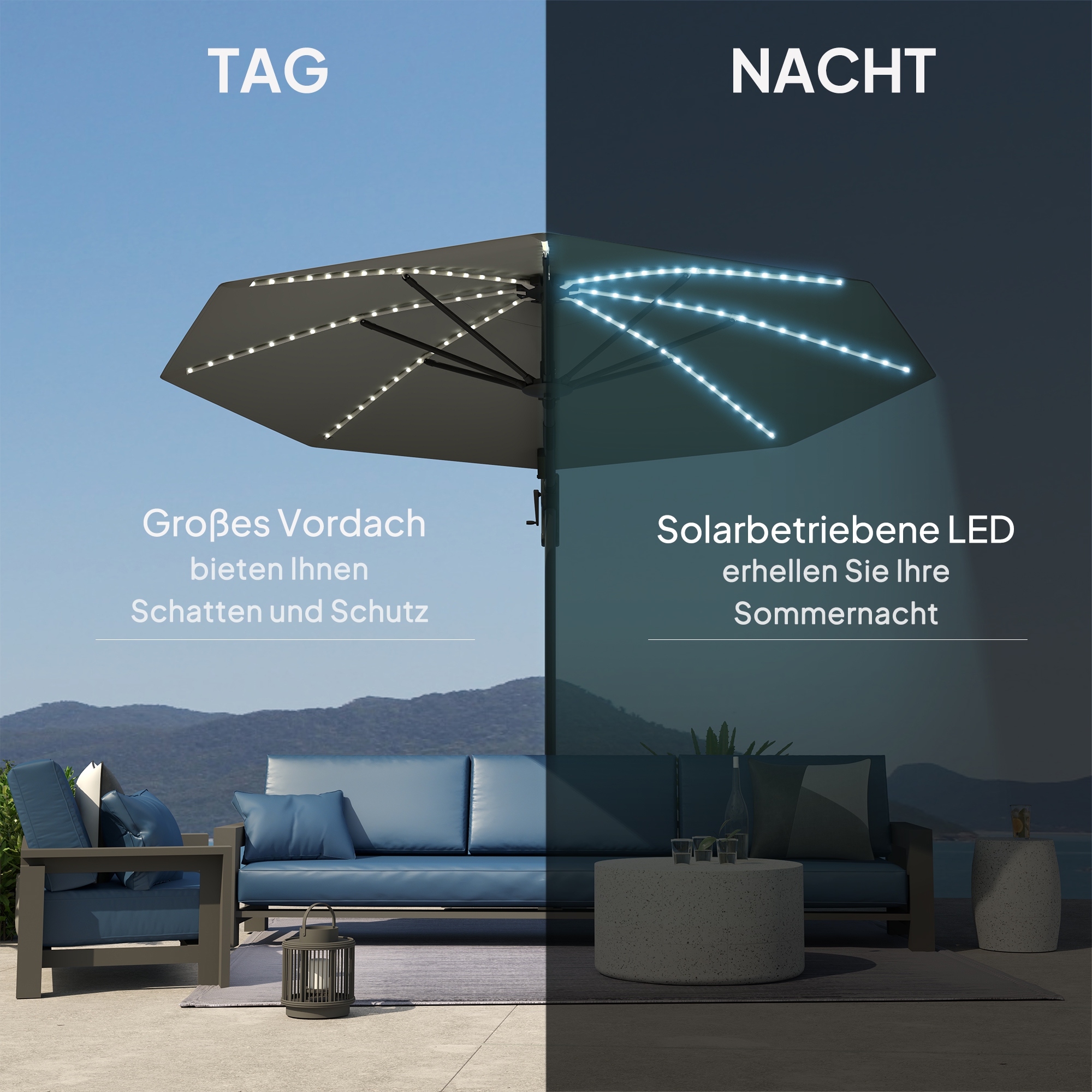 Alu Ampelschirm LED Solar Ø300 cm höhenverstellbar Sonnenschirm mit Kurbel Ständer UV50+ Dunkelgrau