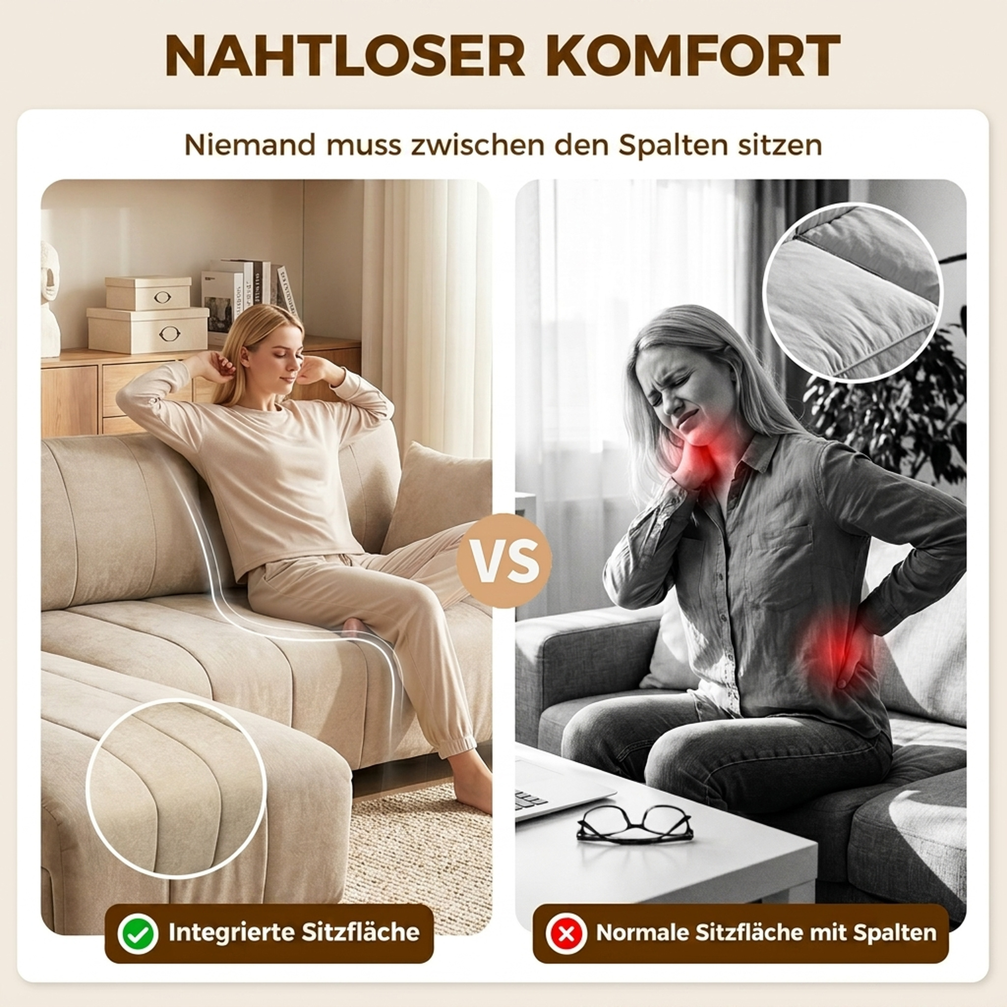 L-förmiges Ecksofa mit flexibler Chaiselongue, 3-Sitzer-Couch mit 2 Kissen, Metallrahmen, für Wohnzimmer, Beige