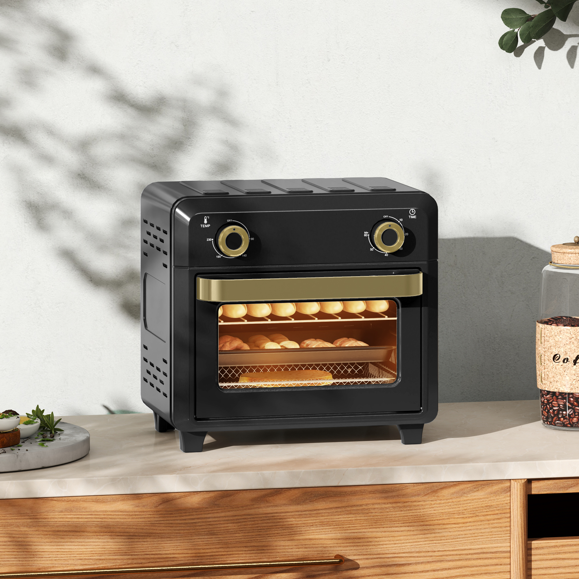 Minibackofen mit Umluft, Heißluftfritteuse, Timer, Innenbeleuchtung, 10L, Schwarz