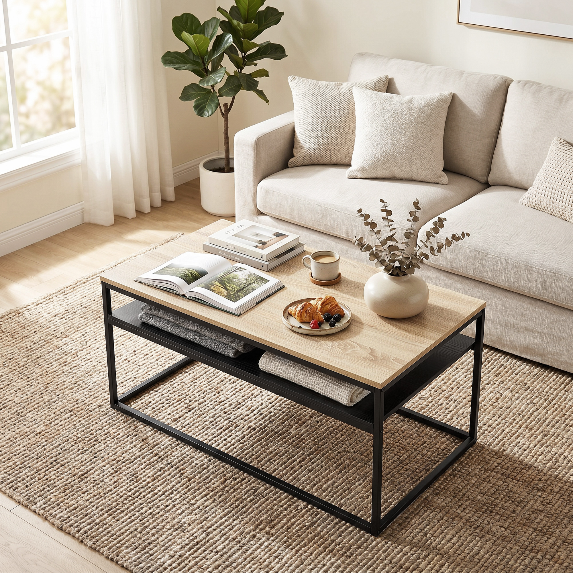 Couchtisch mit Ablage, moderner Industriestil, Wohnzimmertisch für Wohnzimmer, Schlafzimmer, 100 x 59,8 x 47 cm, Eiche