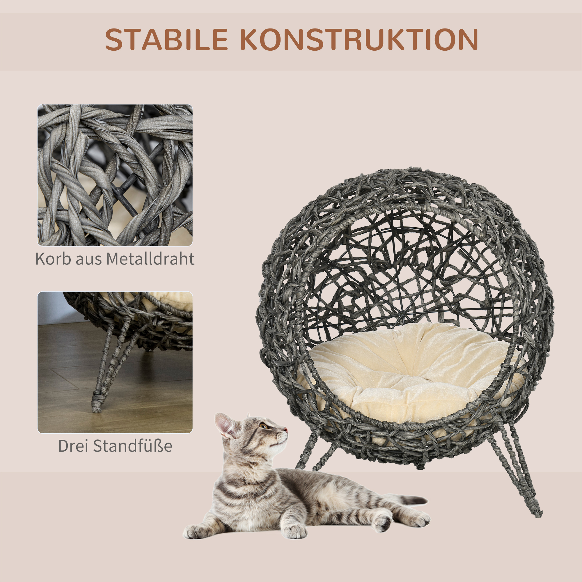 Katzenhaus aus Rattan mit Kissen Katzenschlafplatz Katzenhöhle mit erhöhten Füßen Silbergrau Ø52 x 58 cm