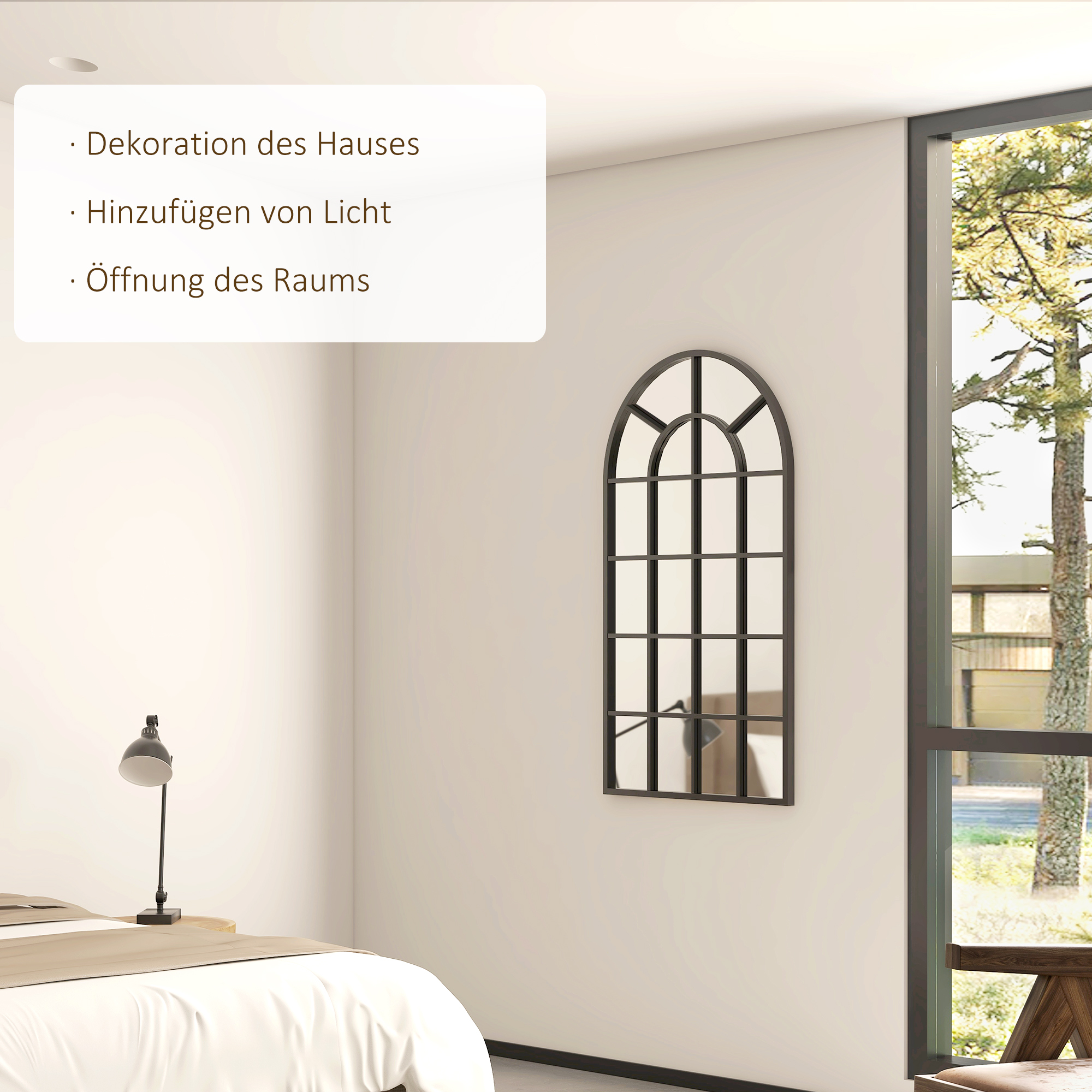 Dekospiegel großer Spiegel, Fensteroptik, Bogenförmig, inkl. Aufhängung. Schwarz + Spiegelglas
