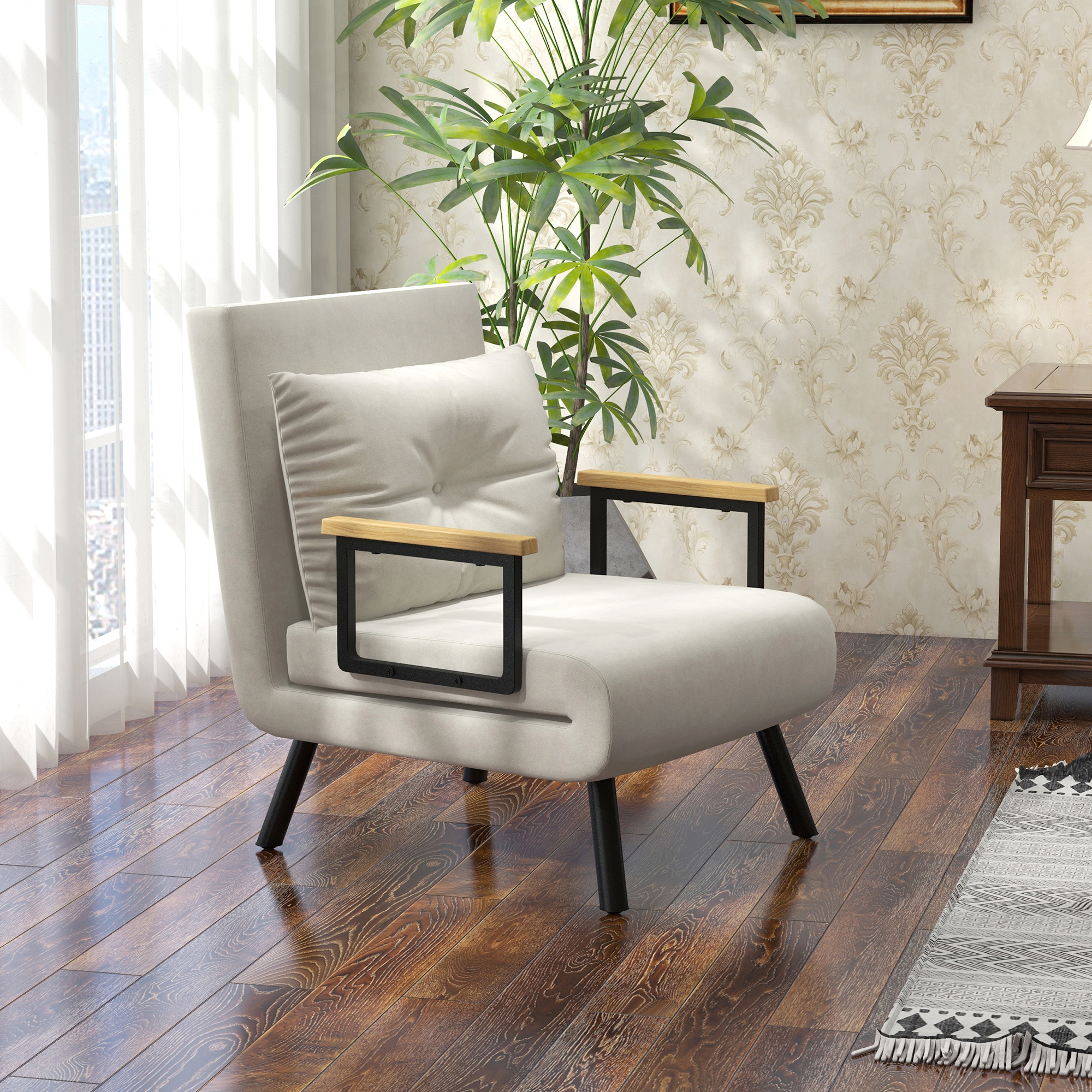 Relaxsessel im Skandidesign, Liegesessel, Lesesessel. ink. Kissen mit Knopfhefung, Cremeweiß