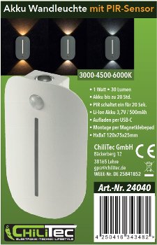 Wandleuchte mit Bewegungsmelder CT-WLA / 120° Erfassung, Akkubetrieb, USB-C