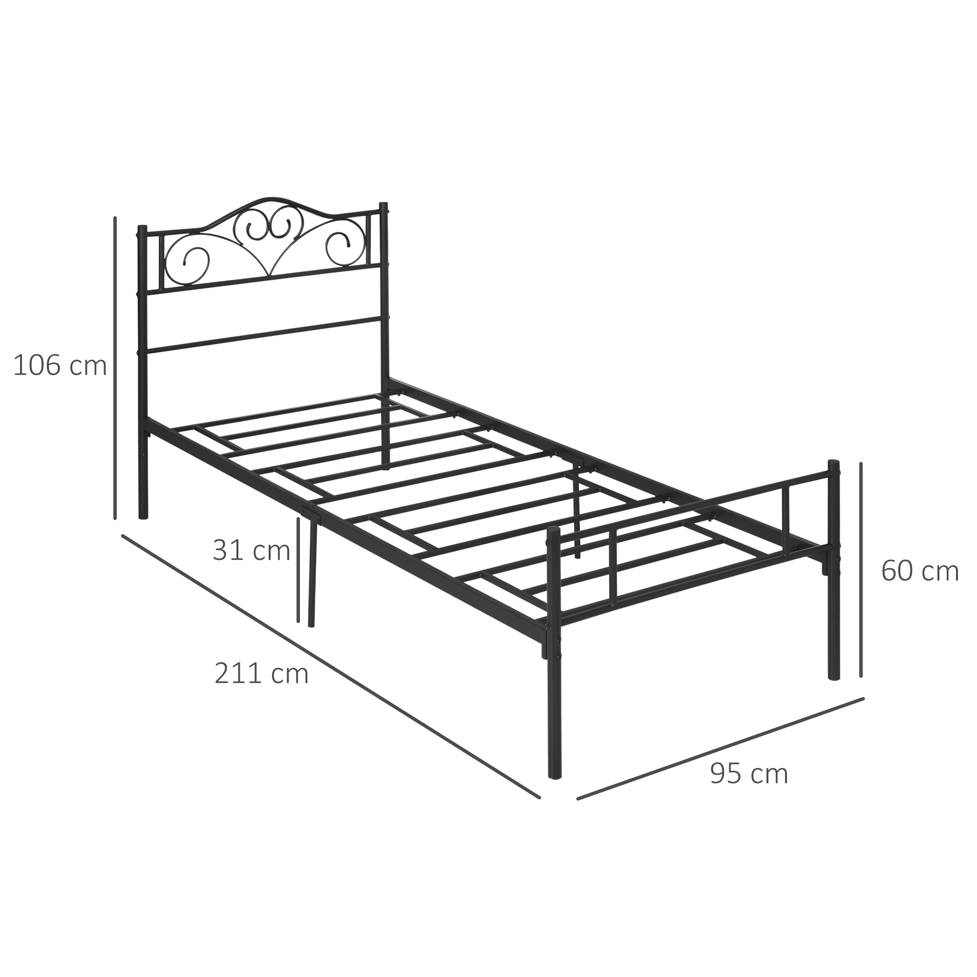 Bett 90 x 200 cm Stahl mit Lattenrost, Kopf- und Fußteil, 31 cm hoch Schwarz