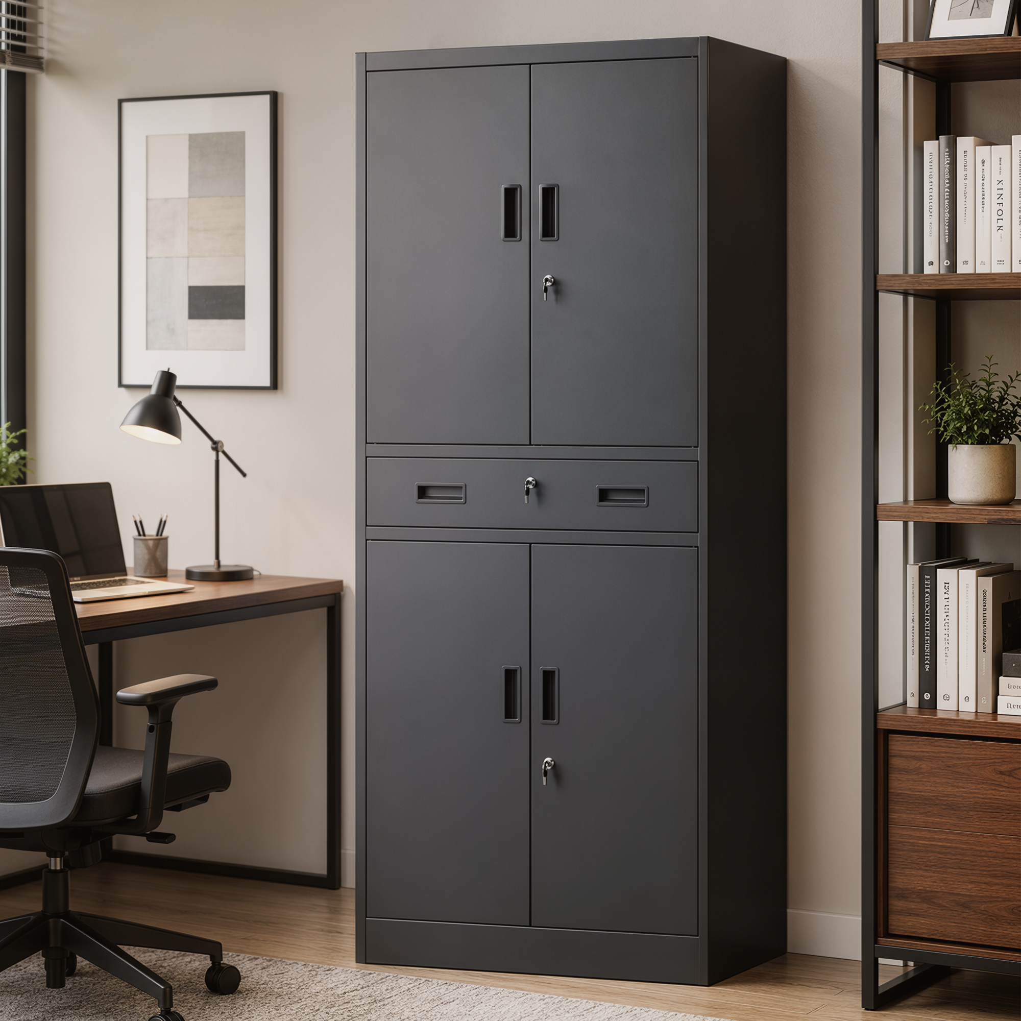 Metallschrank 180 cm, Werkzeugschrank mit abschließbaren Türen, Schublade und verstellbaren Böden, Schwarz