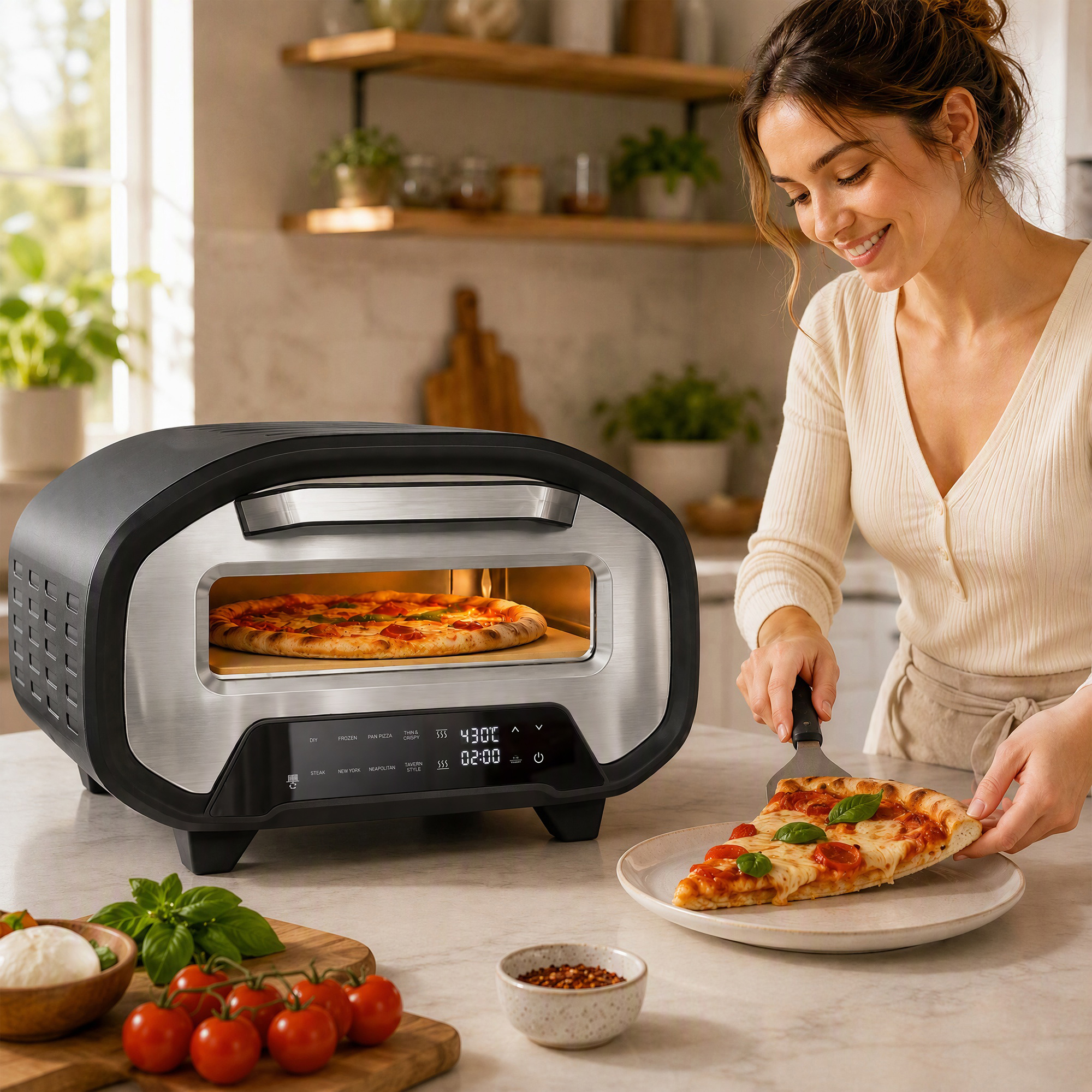 Pizzaofen für innen, 12 Zoll elektrischer Pizzaofen mit 8 Programmen, 430 °C, Timer, Keramikstein, 2200 W