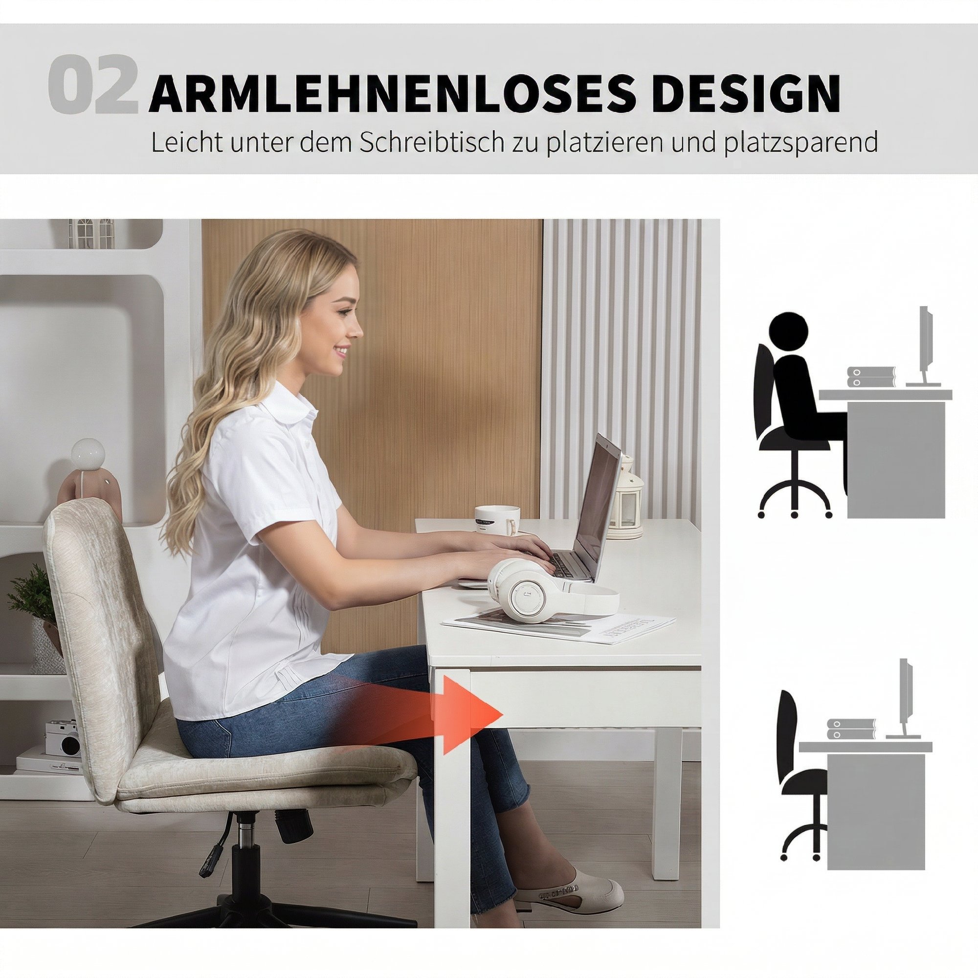 Homeoffice Stuhl Schreibtischstuhl mit Leinenoptik Höhenverstellbar Schneidersitz Drehstuhl mit Wippfunktion, Beige
