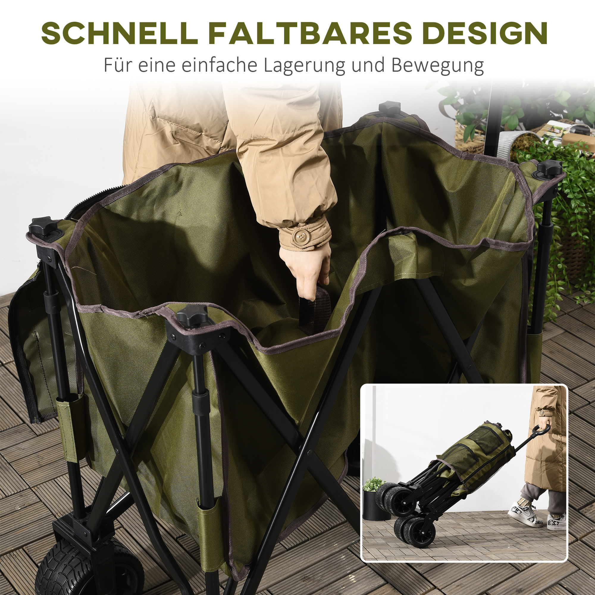 Bollerwagen, klappbar, 7 Seitentaschen, verstellbarer Griff, bis 120 kg, Stahl, grün, 100 x 48 x 100,5 cm