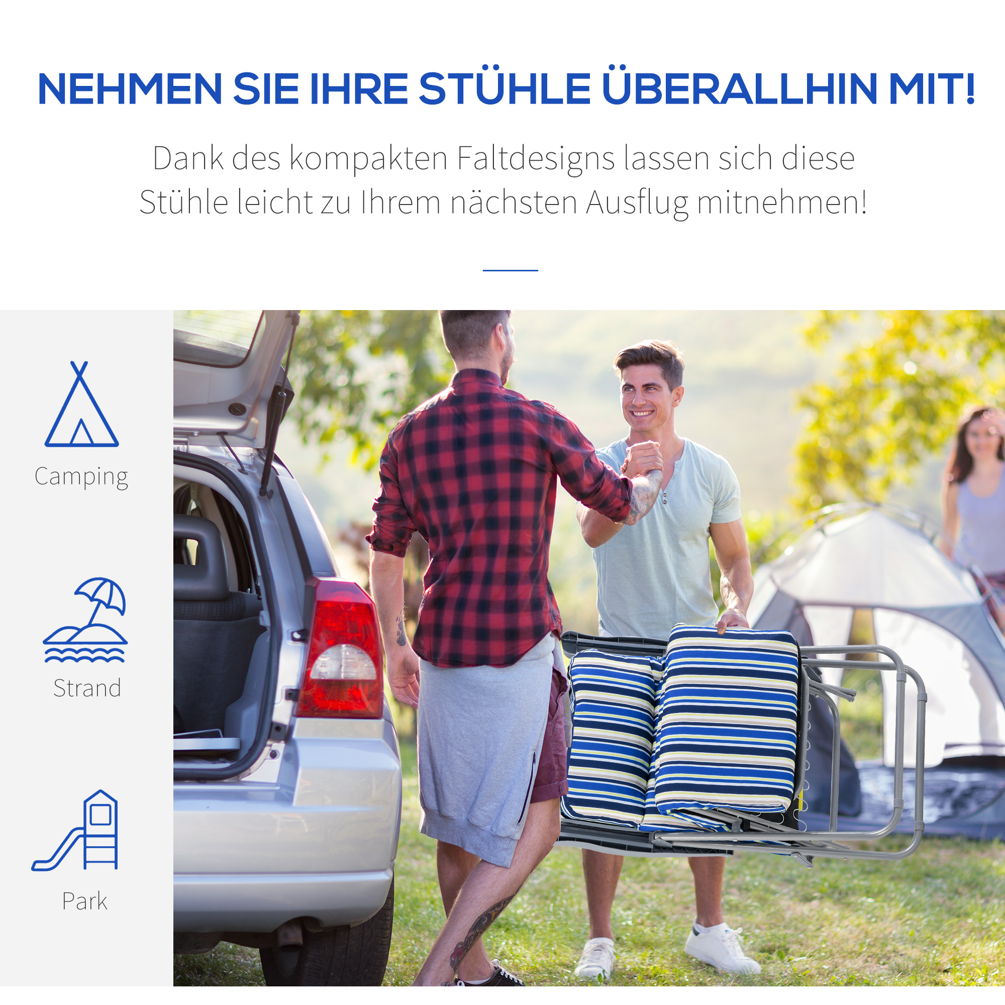 2er-Set Liegestuhl Set mit Kissen klappbar Sonnenliege 5 Stufen verstellbarer Rückenlehne Gartenliege Gartenmöbel Set Stahl Polyester Blau 60 x 75 x 65-102 cm
