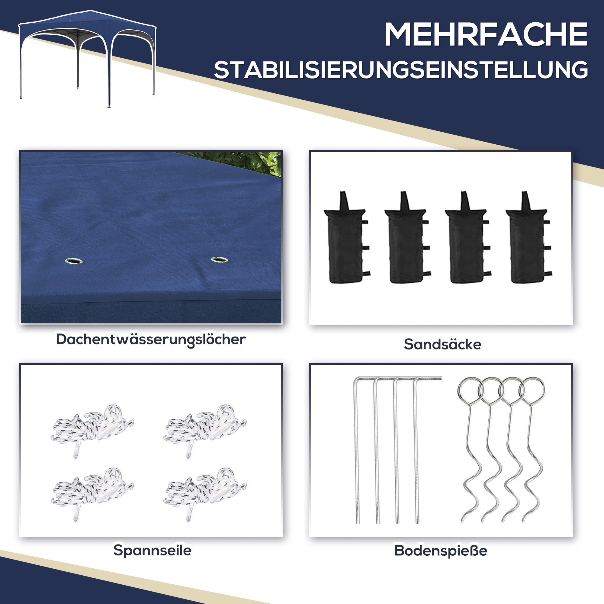 Faltpavillon, höhenverstellbar, Metallstützen, robuste Plane, inkl, Tragetasche, 2,95 x 2,95 x 2,55m, Dunkelblau