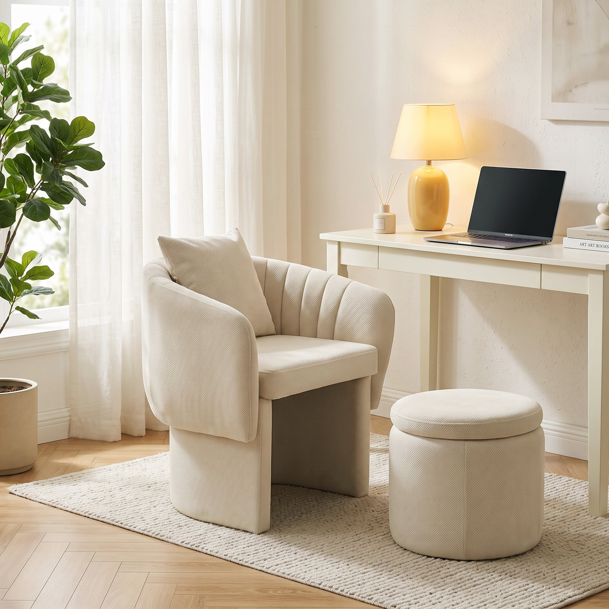 Relaxsessel mit Hocker Loungesessel mit Geschwungene Rückenlehne, Armlehnen, Nordischer Chenille Gepolstert Beige