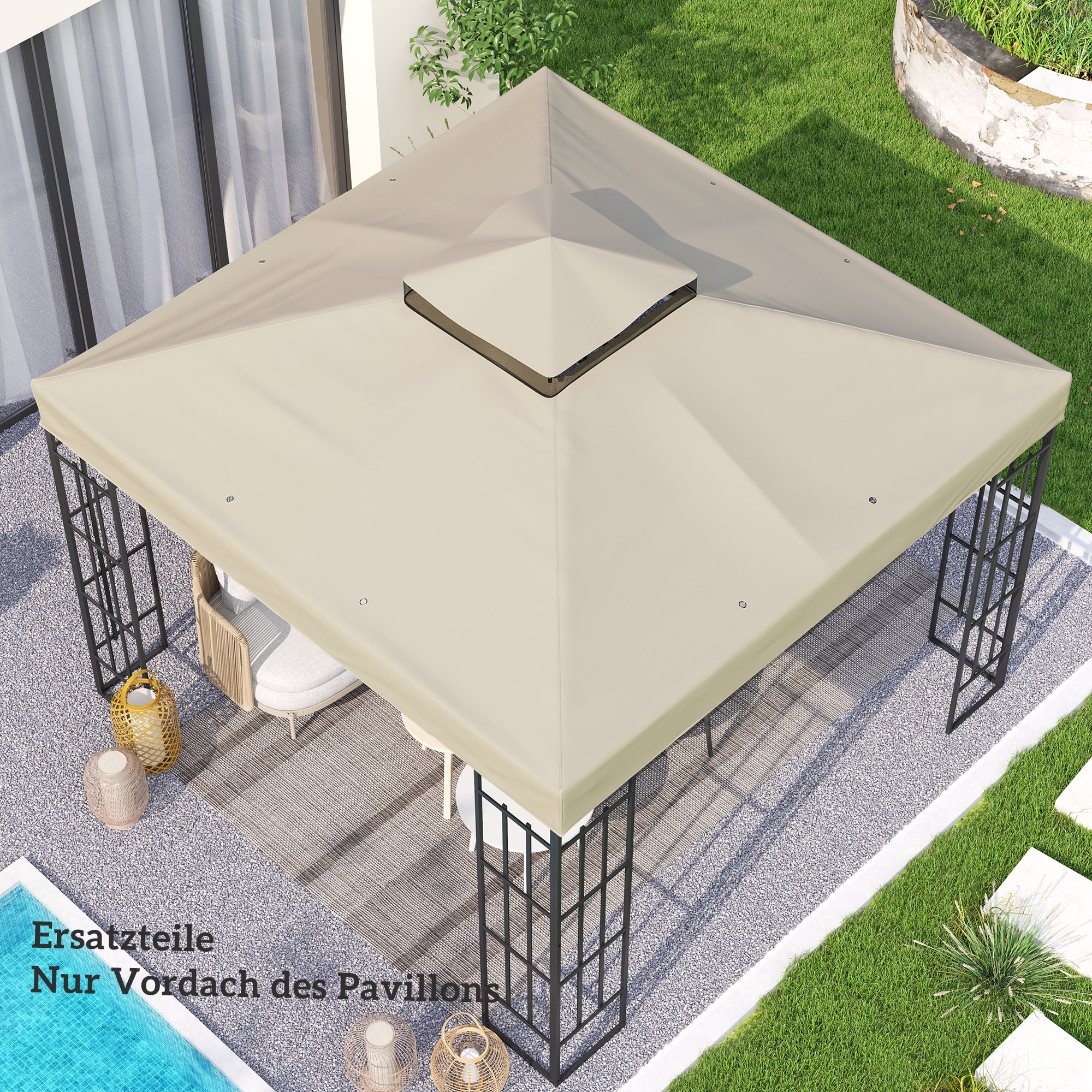 3 x 3 m Ersatzdach für Pavillon, Pavillon-Ersatzplane mit Wasserablauf-Löchern, UPF30+, Sonnenschutz, Cremeweiß