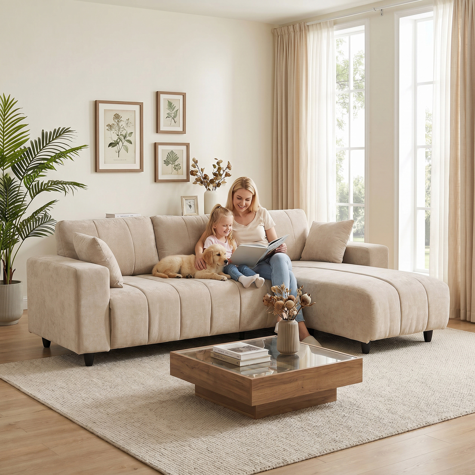 L-förmiges Ecksofa mit flexibler Chaiselongue, 3-Sitzer-Couch mit 2 Kissen, Metallrahmen, für Wohnzimmer, Beige