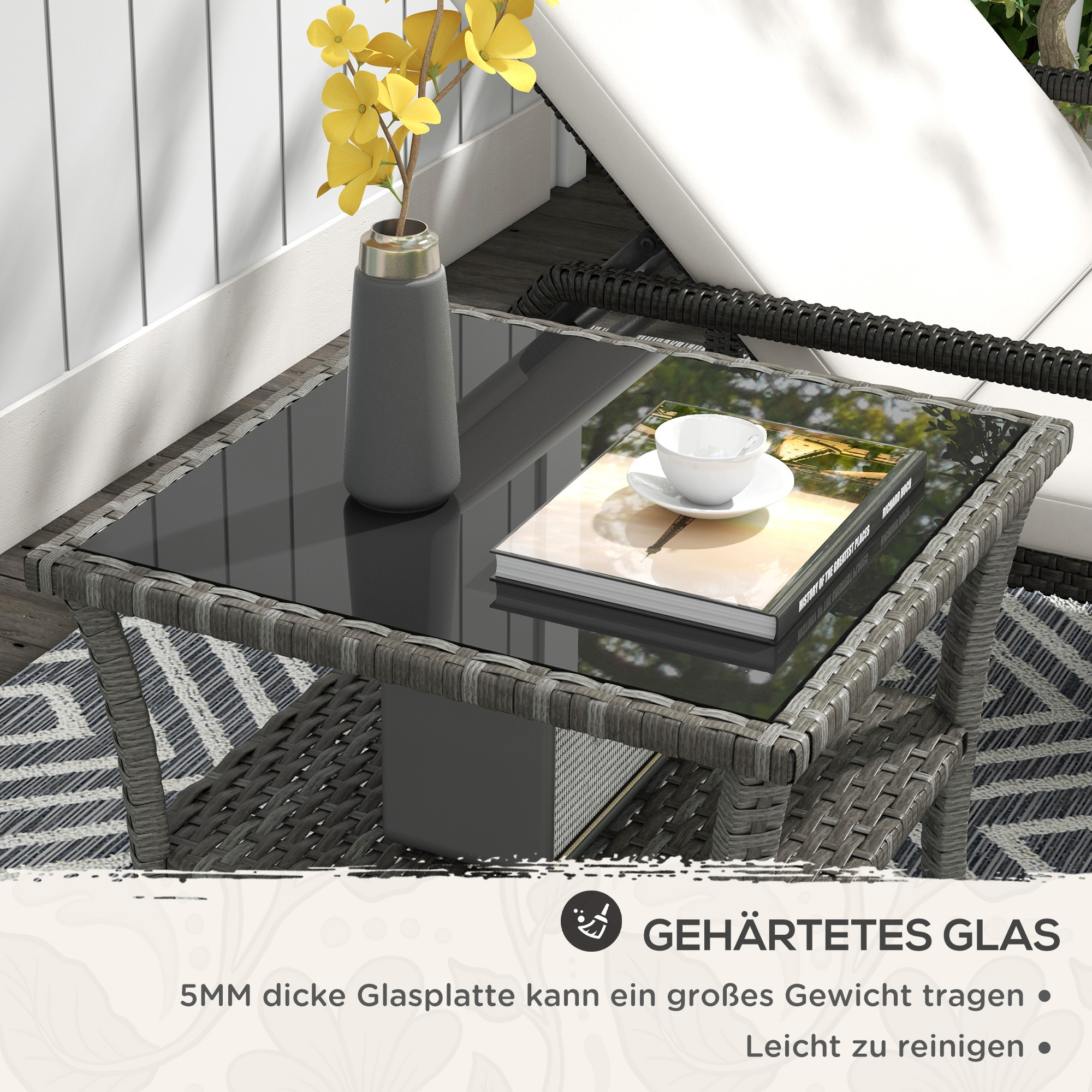 Polyrattan Gartentisch, 50 x 50 x 45cm, wetterfest Beistelltisch für 4 Personen, Quadratisch mit Ablage Glasplatte