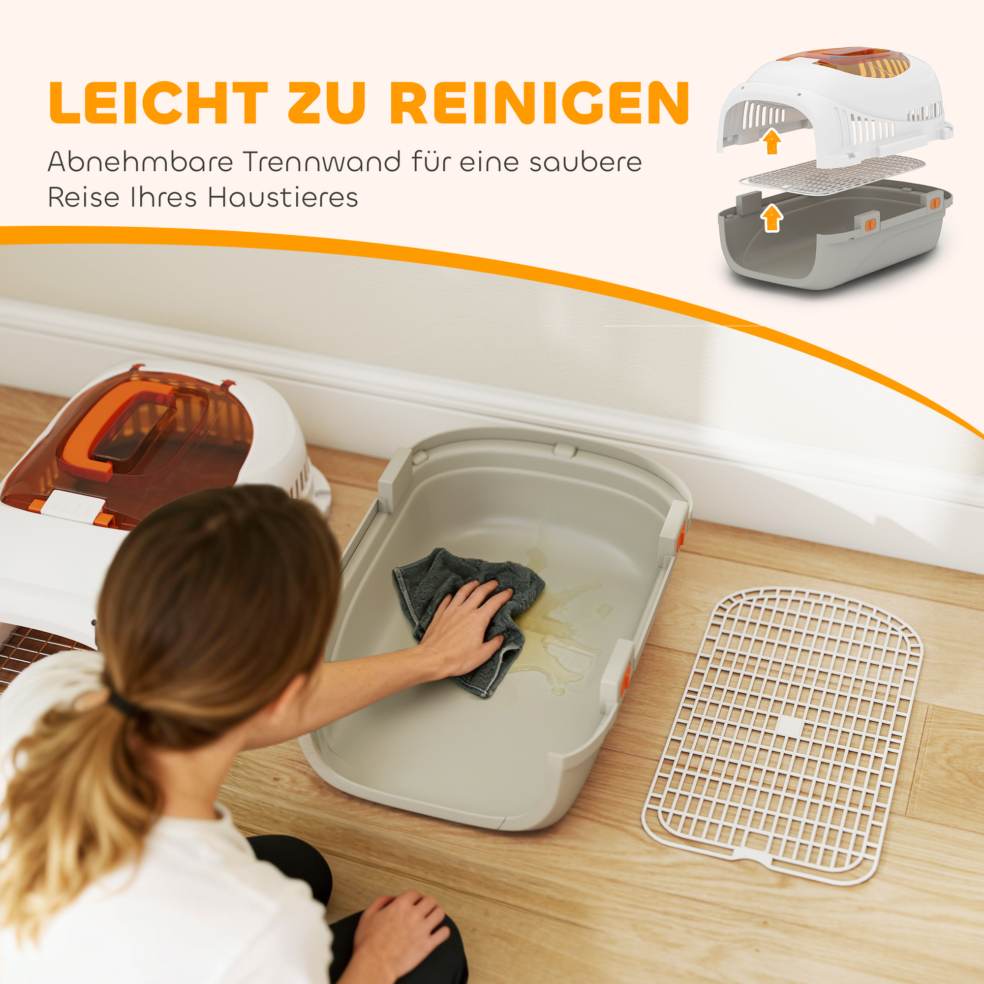Transportbox Hundetransportbox für Katze Miniaturhunde bis 4kg Hundebox mit Dachöffnung Futternapf 49x32x31cm Hellgrau