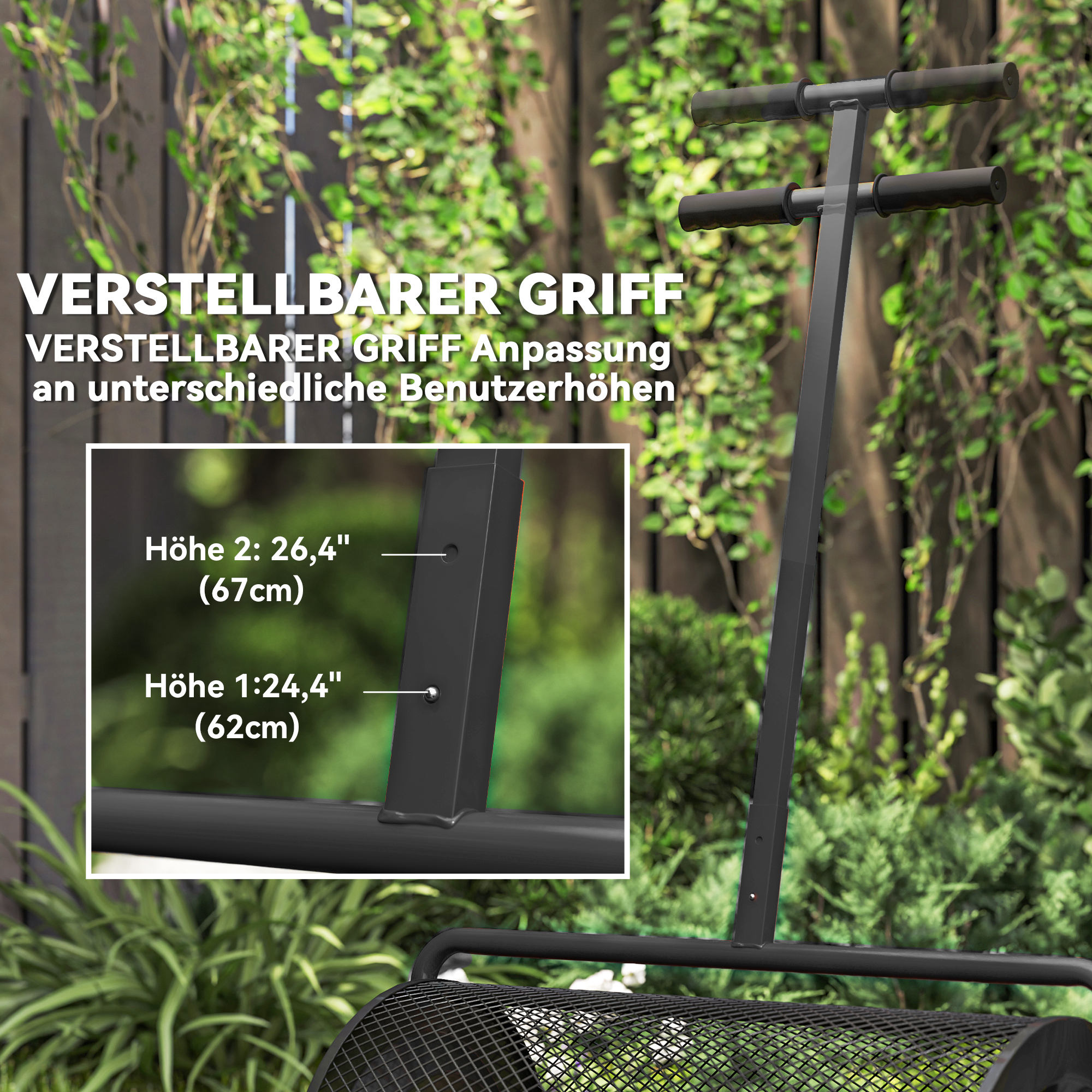 Kompoststreuer 75L 61x40cm Düngerstreuer Rasen Garten mit T-Griff Mesh-Korb Metall Schwarz
