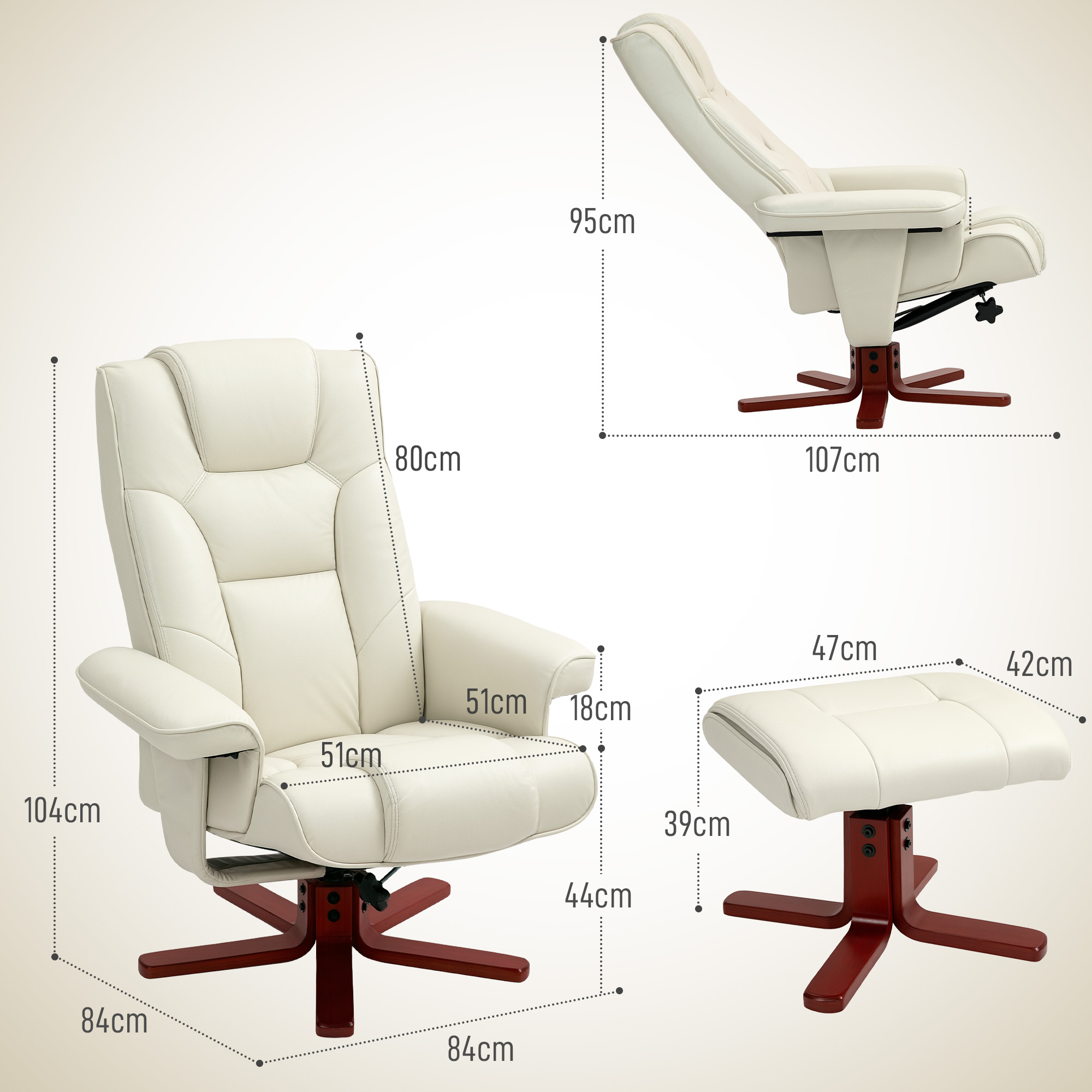 Relaxsessel mit Hocker, Lederoptik, neigbare Lehne, bis 150 kg, Cremeweiß