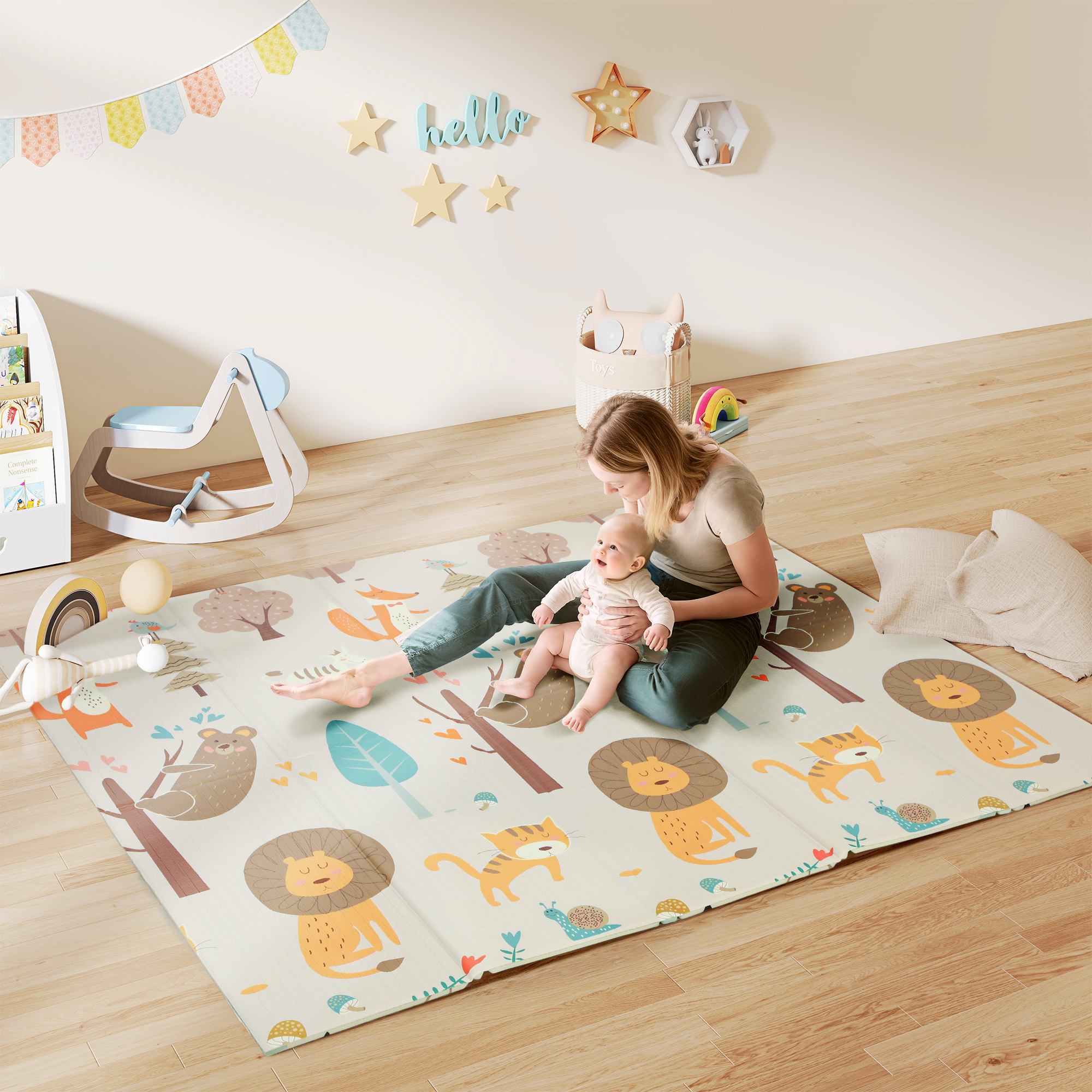 Spielmatte Baby 196 x 176 x 1,5 cm faltbar Doppelseitige Krabbelmatte Mehrfarbig