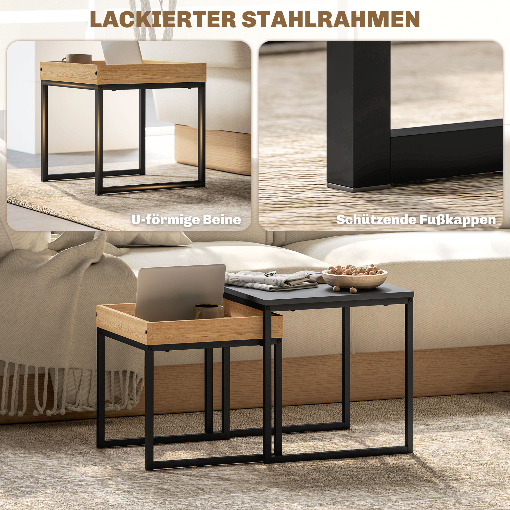 moderner Couchtisch, 2er-Set Sofatisch, für kleine Räume, Quadratisch, MDF, Metall, Schwarz