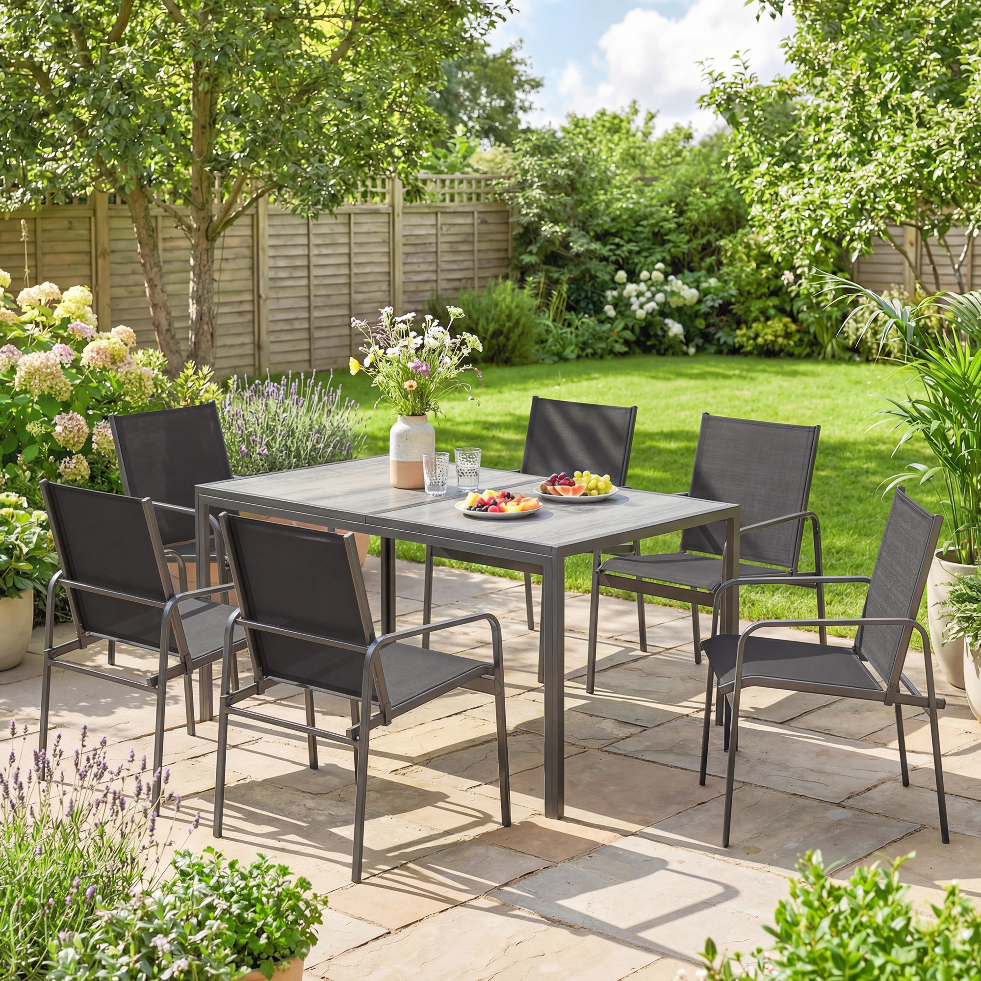 Gartenmöbel Set Sitzgruppe 150 x 80cm Tisch mit 6 Atmungsaktiven Stühlen Holzoptik Stahlrahmen Schwarz
