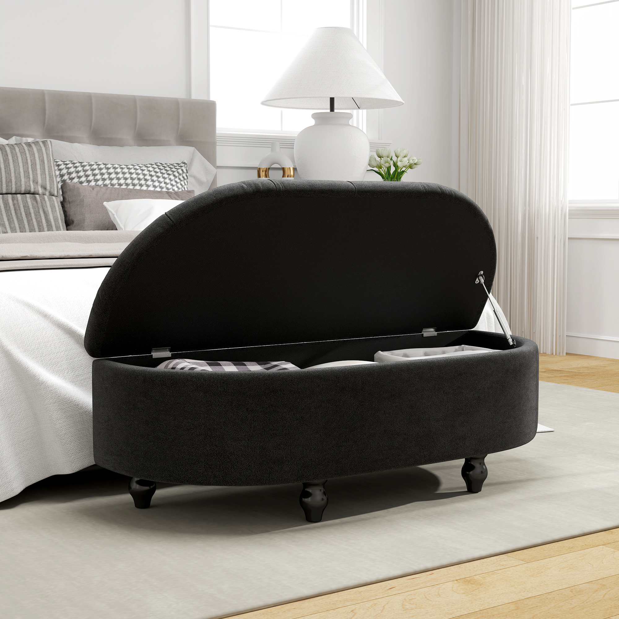 Hocker mit Stauraum, Sitztruhe, gepolstert, soft-close Deckel, Samtoptik, 120 x 46 x 42 cm, Dunkelgrau