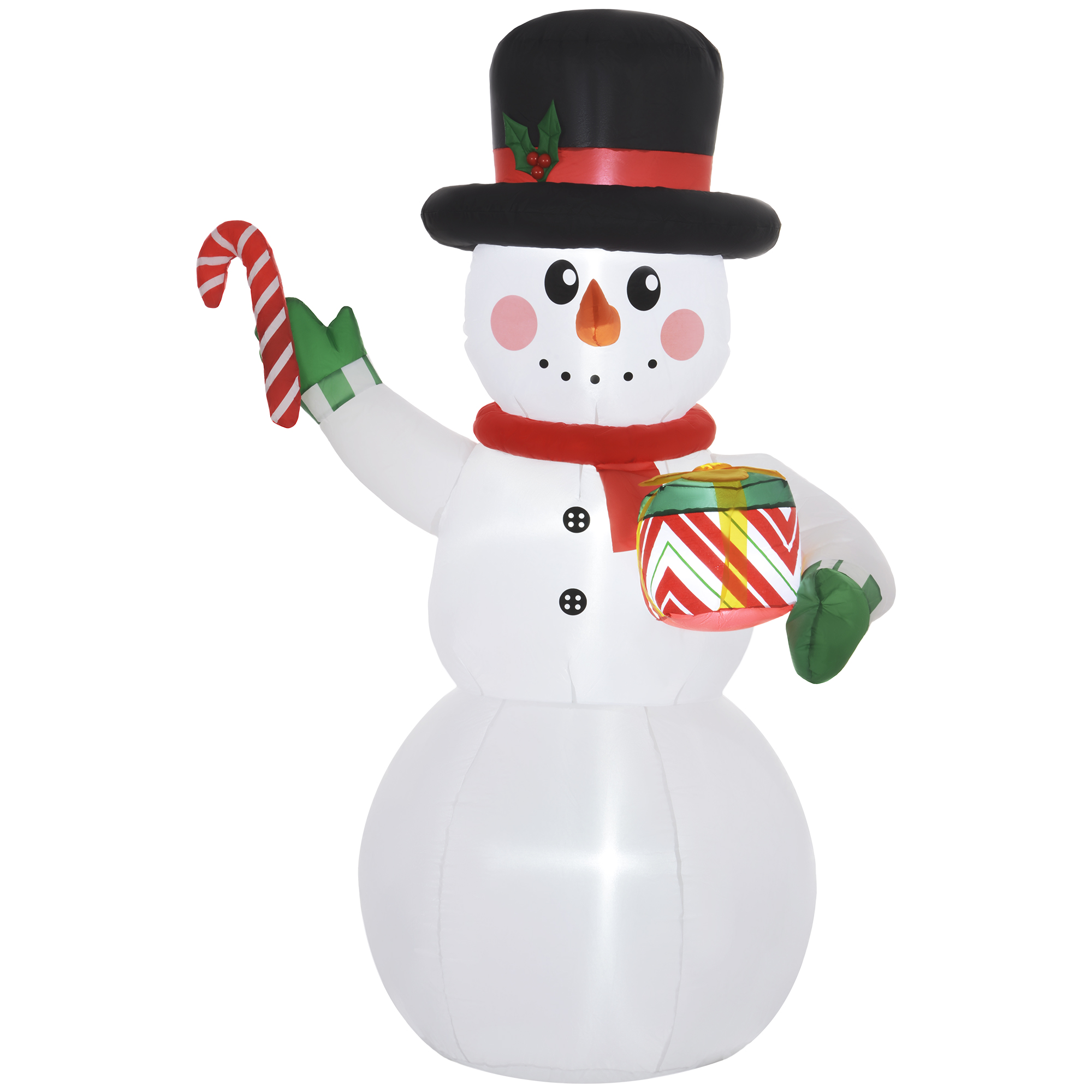 1,80 m Schneemann mit Zuckerstange & Geschenk, selbstaufblasbar, LEDs, wetterfest