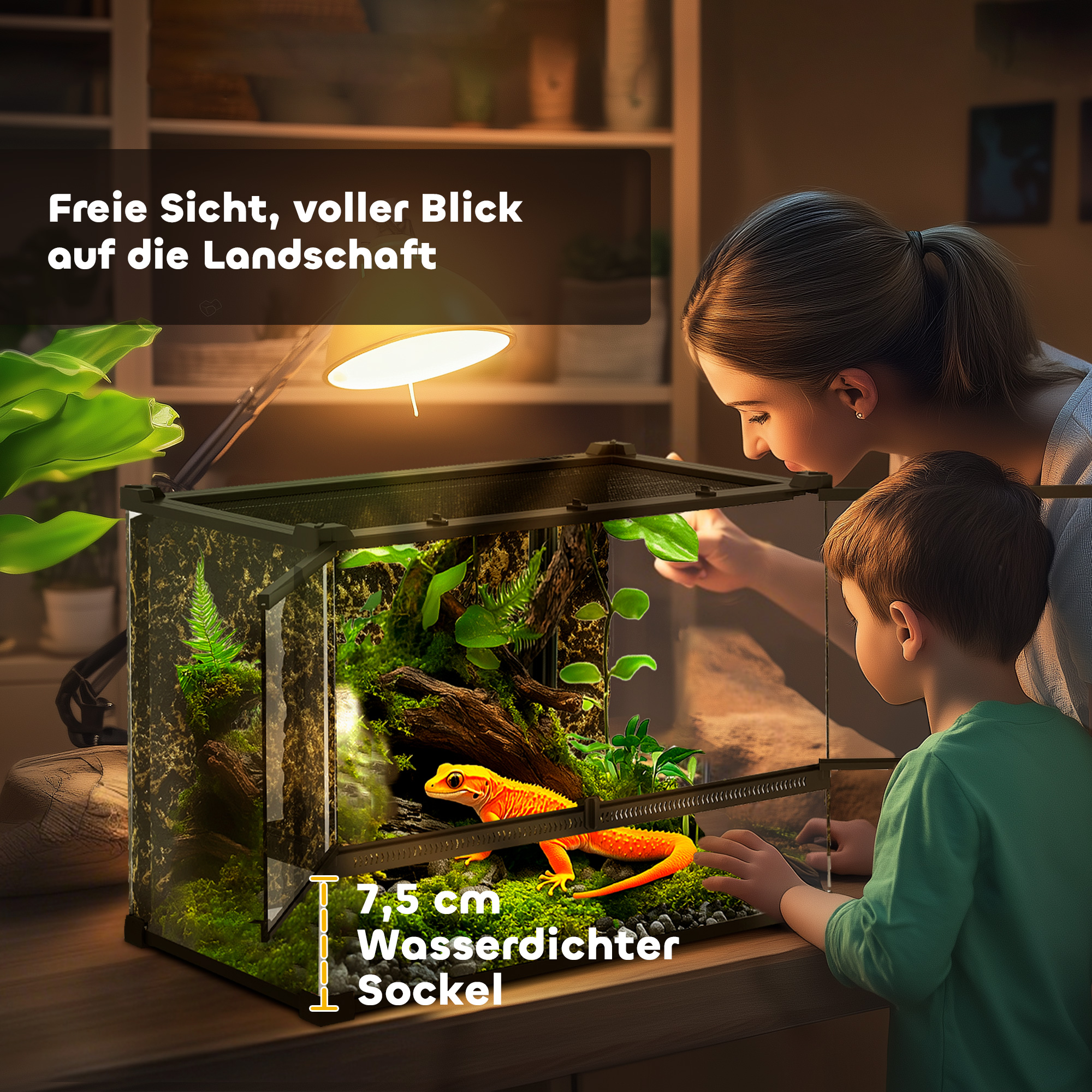 Terrarium für Reptilien Glasterrarium 48L mit Frontbelüftung Steinrückwand Drehverschluss 50 x 30 x 35 cm Schwarz