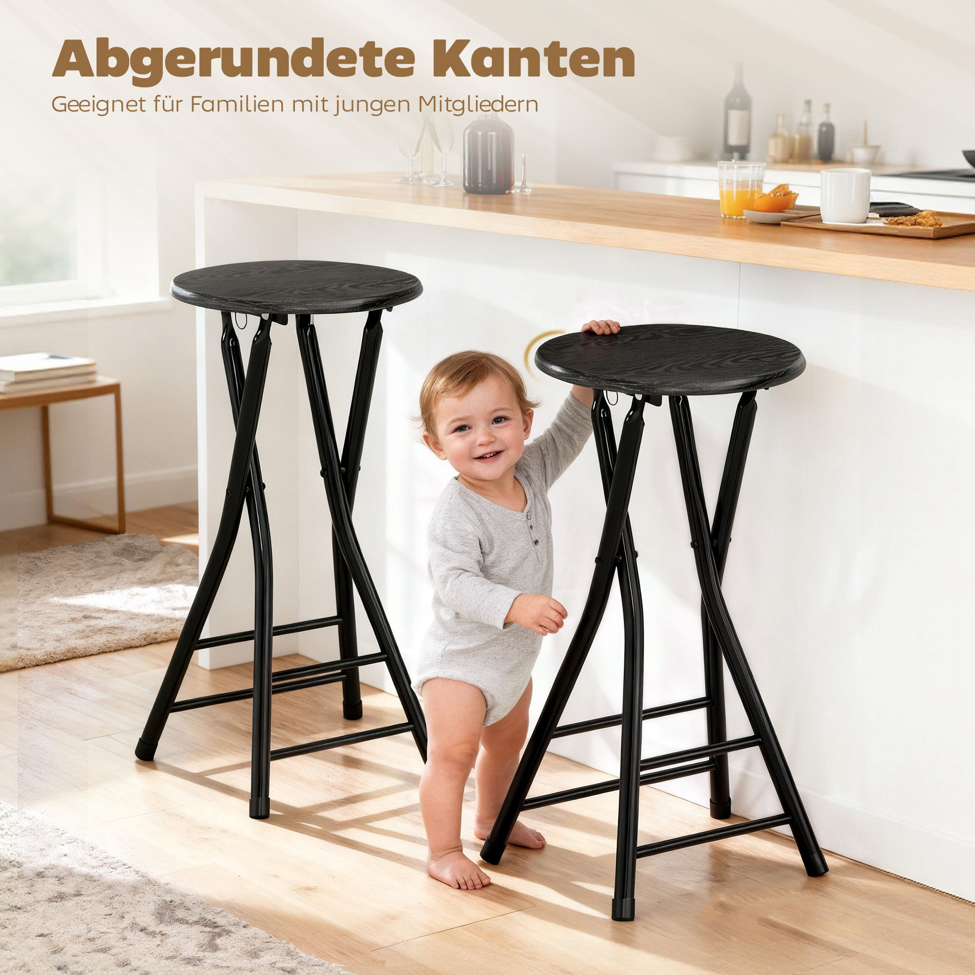 Barhocker 2er Set, Klappbar Barstuhl mit Stahlgestell, Küchenstühle mit doppelter Fußstütze 34 x 30 x 70 cm Schwarz
