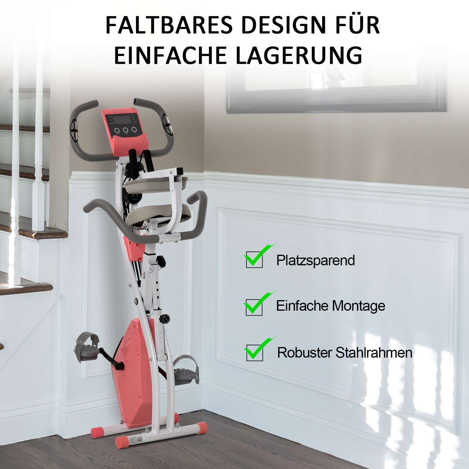 Heimtrainer 2-in-1 Fahrradtrainer mit LCD-Display Pulsmesser verstellbar Sitz Räder, klappbarer Hometrainer Trimmrad mit 8 stufig Magnetwiderstand, Spannseil, Stahl