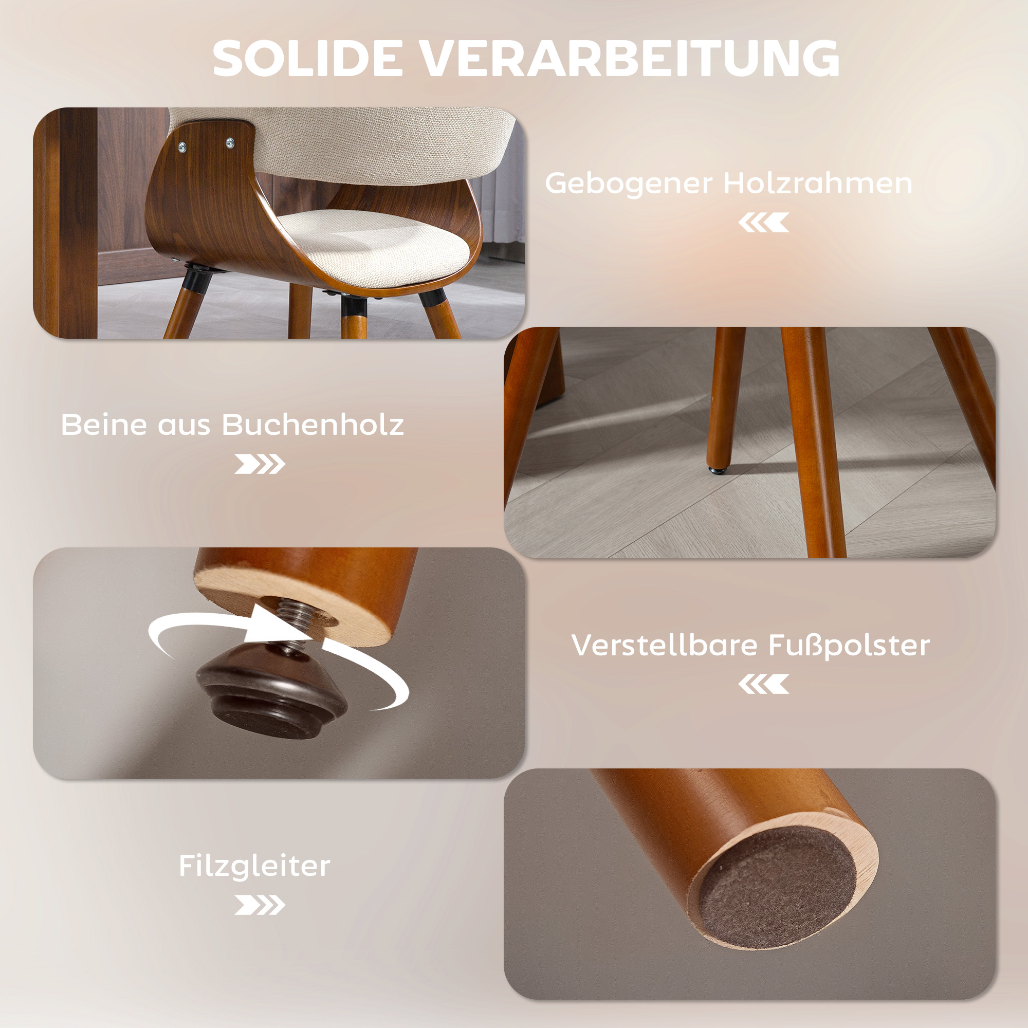 Esszimmerstuhl, Stoff in Leinenoptik, gebogene Rückenlehne, Holzbeine, Beige