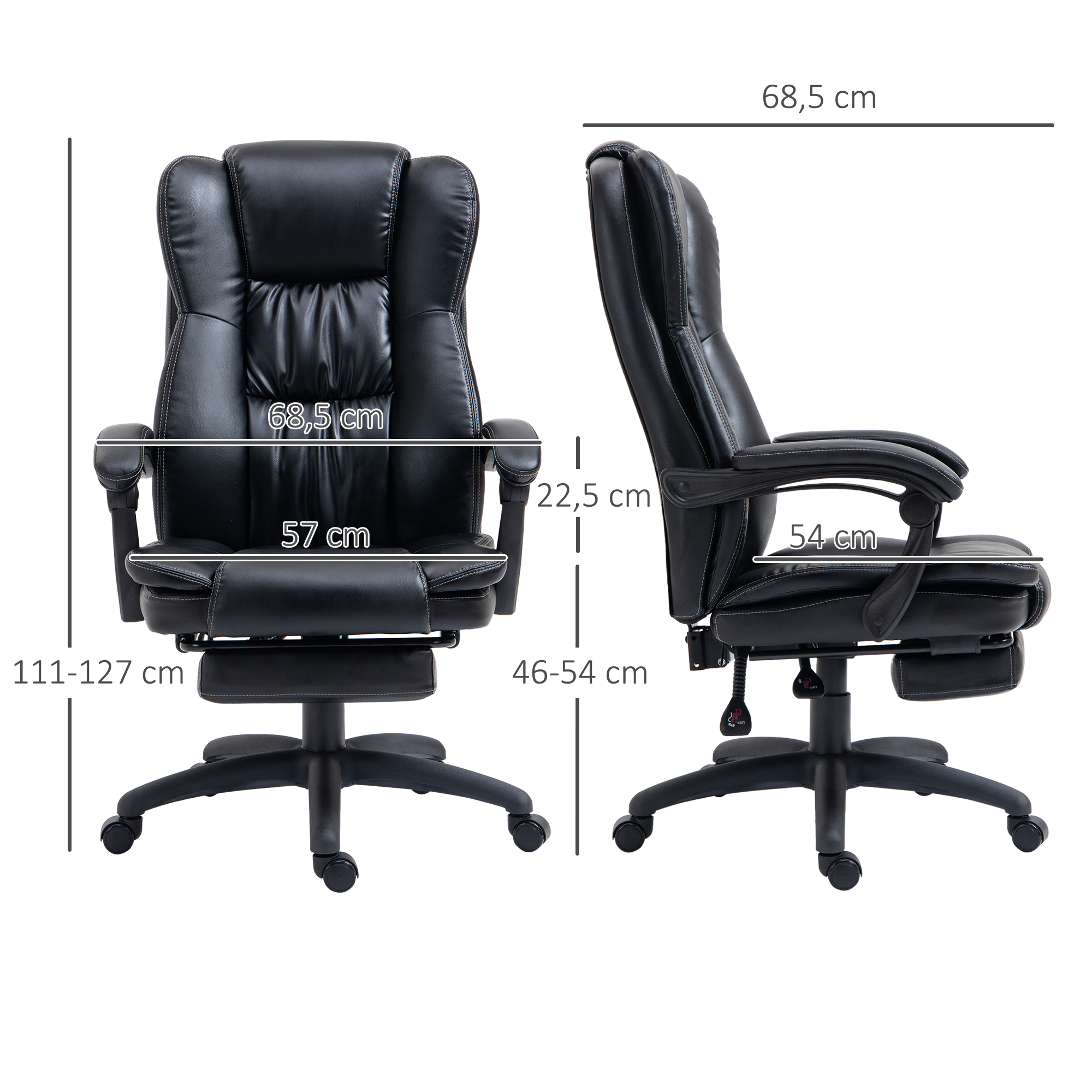 Drehstuhl mit Fußstütze, Kopfstütze, Massagefunktion, Kunstleder, 68,5x68,5x113-121cm, Schwarz