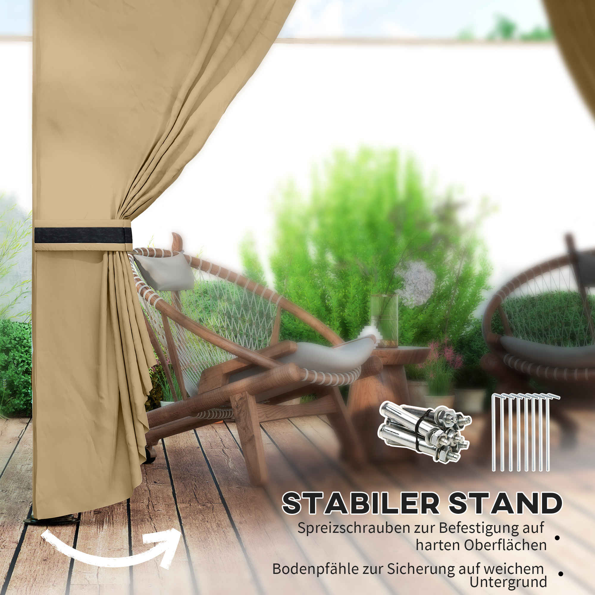 3,4 x 3,4 m Gartenpavillon, Bierzelt mit Lüftungsdach, Bogenfenstern, Stahlgestell, Beige