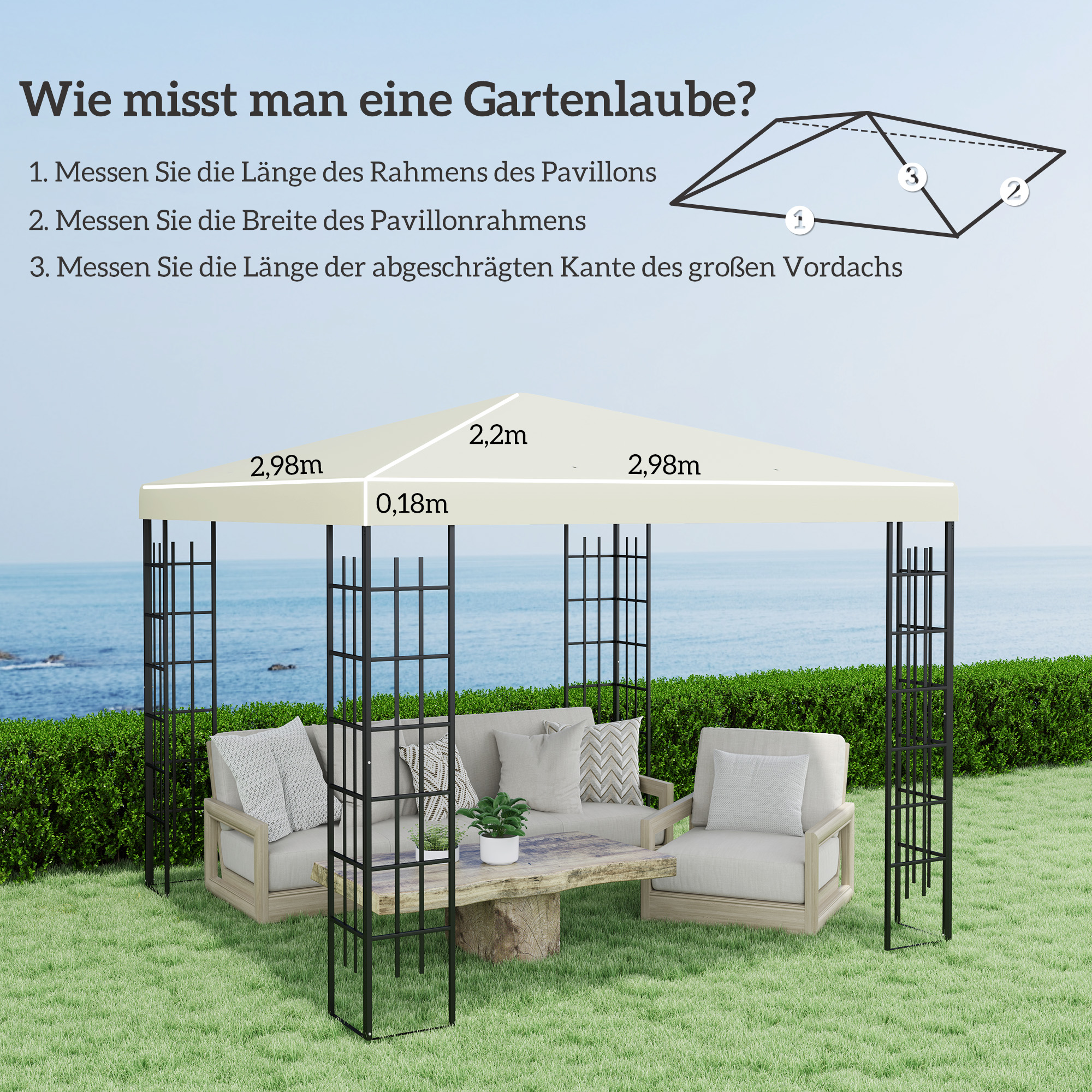 3 x 3 m Ersatzplane für Pavillon, Plane für Garten-Pavillon, mit Wasserablauföffnungen, UPF30+, Cremeweiß