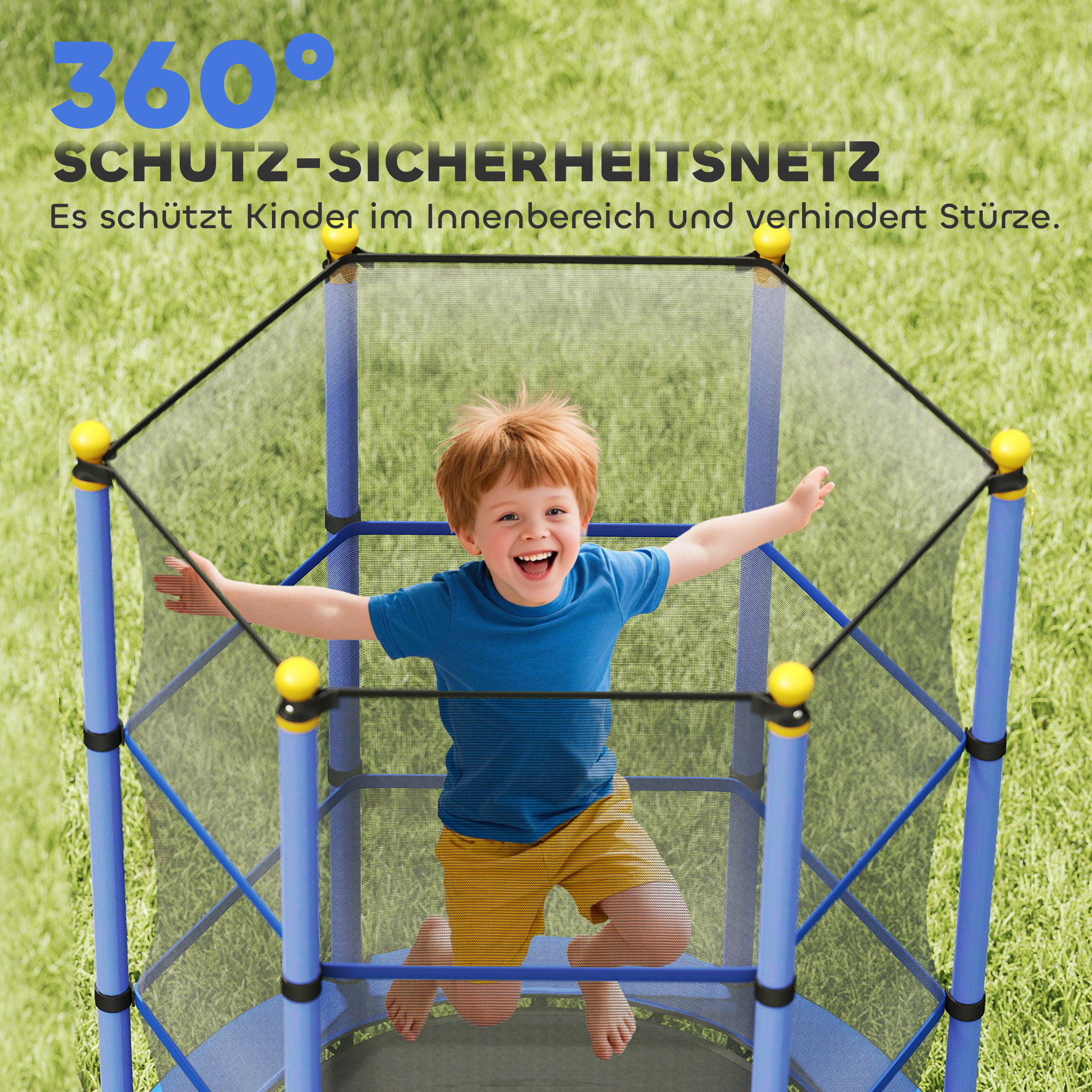 Trampolin für Kinder, Ø140 cm, mit Sicherheitsnetz, für innen und außen, Stahl, Kunststoff, belastbar bis 50 kg, Blau